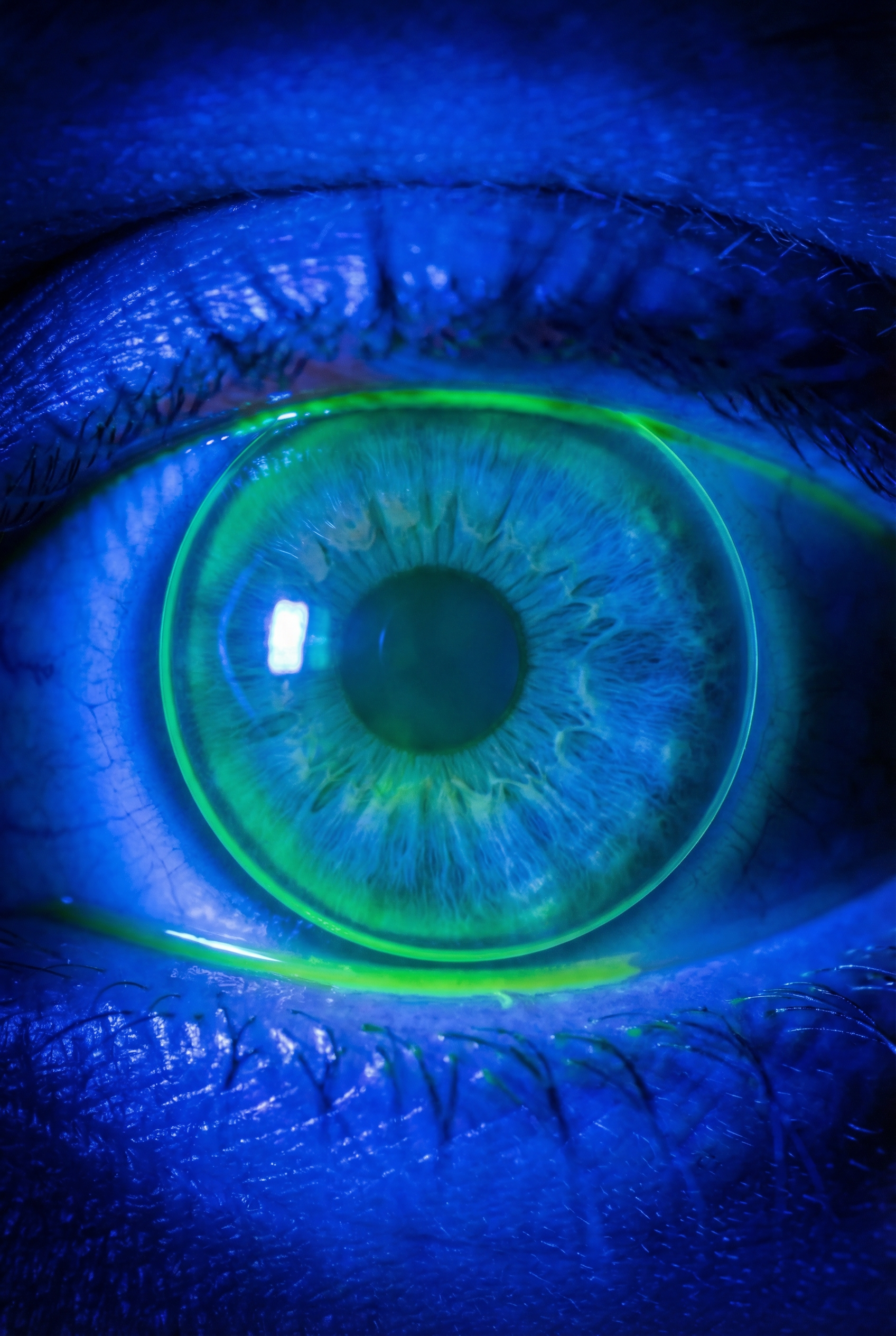 Close-up of a human eye illuminated with green and blue light, showing detailed iris patterns and eyelashes.