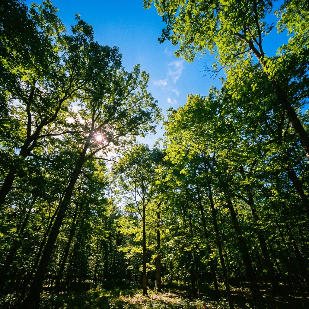 Sunshine filtering through the green leaves of tall trees in a forest on a clear day.