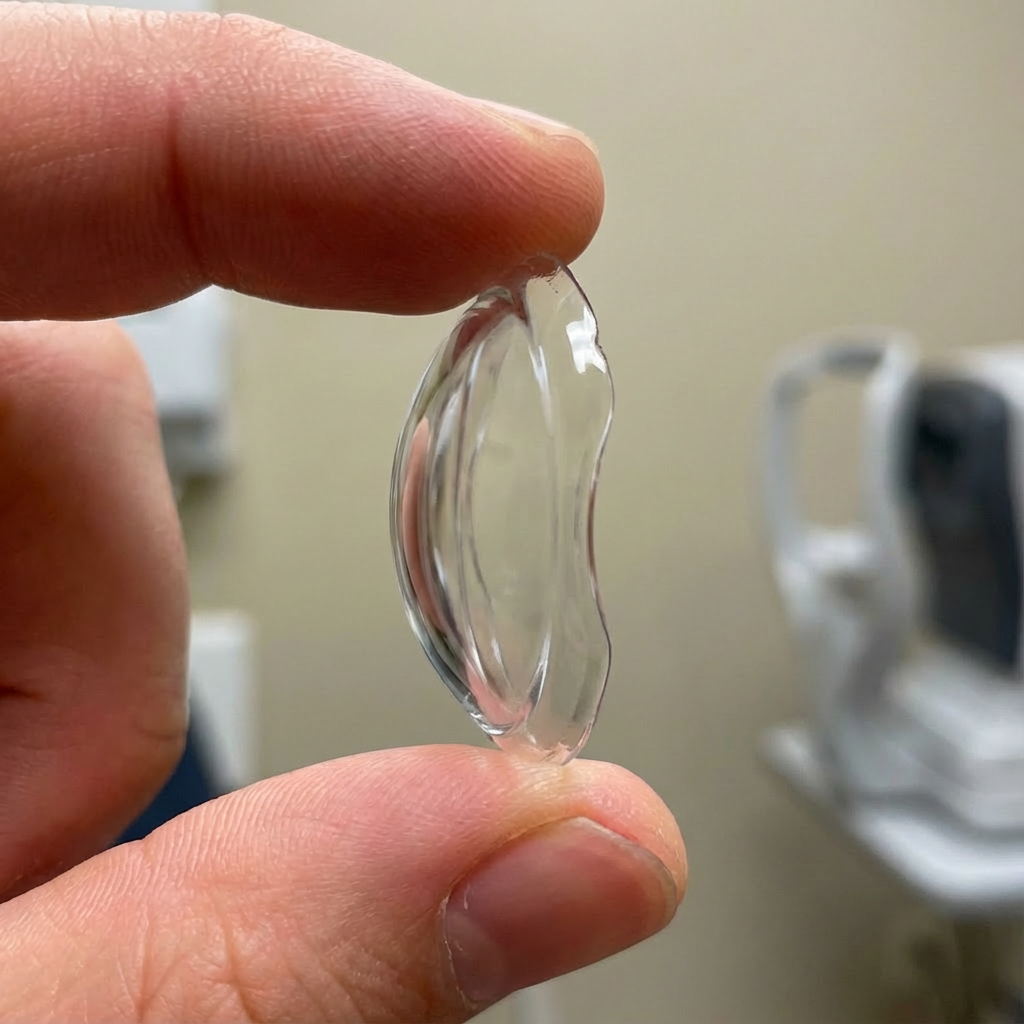 A person holding a clear, curved, scleral contact lens, between their thumb and index finger, with a blurred background that includes medical equipment.