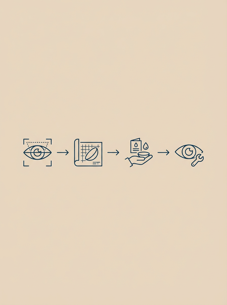 Step-by-step process illustration for eye care: eye detection, contact lens fitting, contact lens application, and eye checkup.