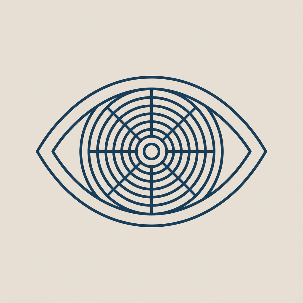 A minimalist line drawing of an eye with concentric circles and radial lines inside, creating a target-like pattern within the eye outline.