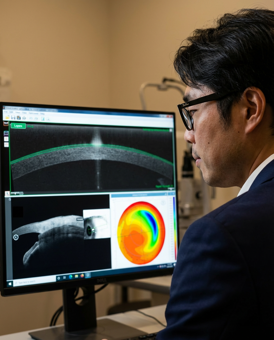 A man with glasses looks at a computer monitor displaying medical imaging scans of an eye, including cross-sectional images and a color-coded map of the eye.