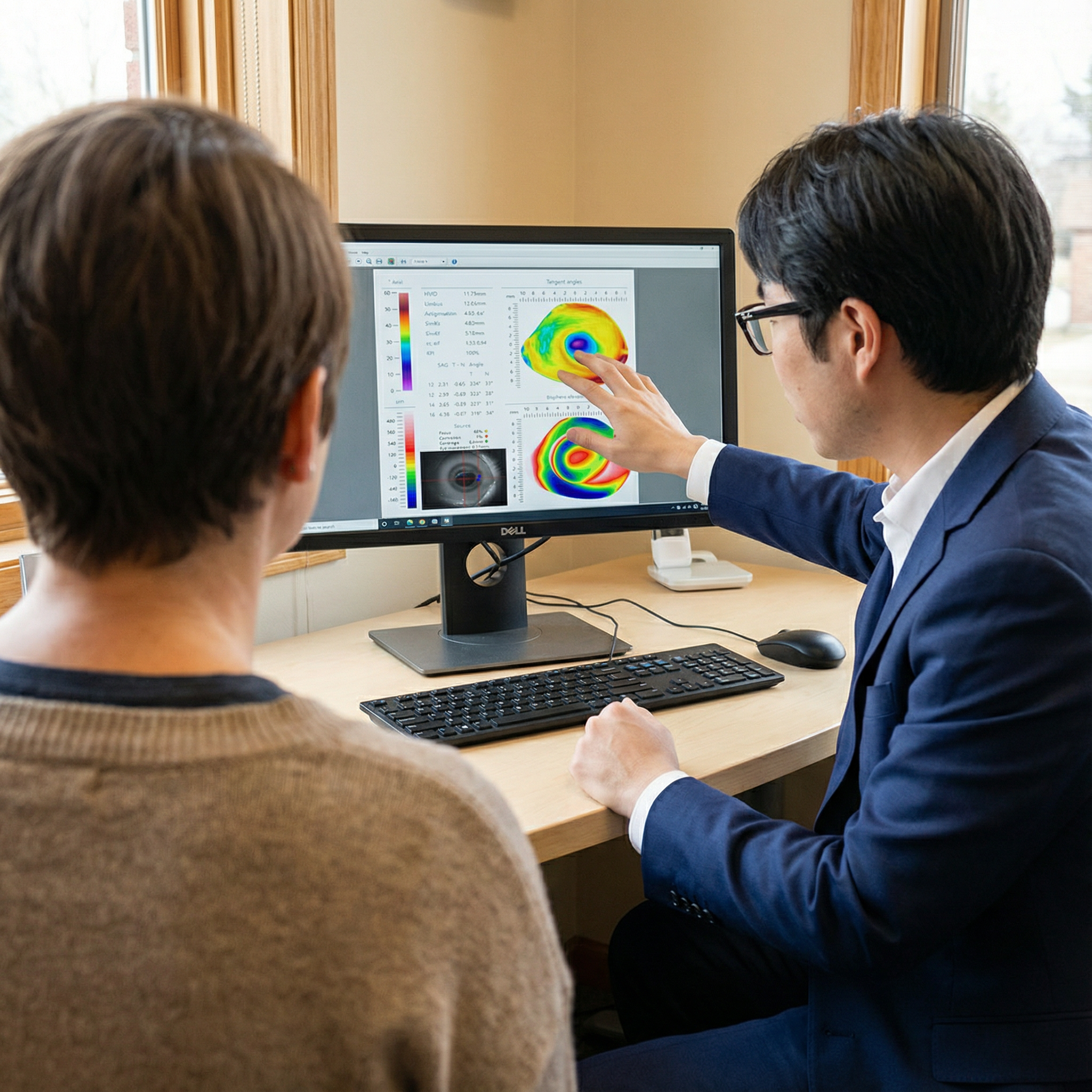 A scientist explains data and diagrams on a computer screen to another person in an office setting.