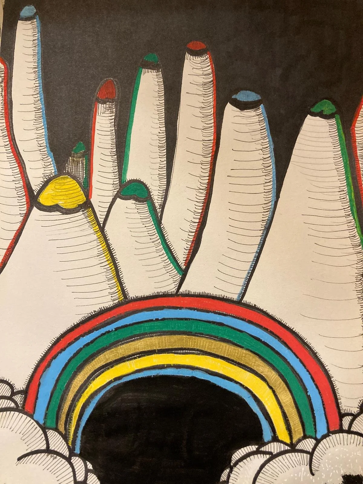 Colorful drawing of a rainbow with seven bands of color and white clouds, above a black circle, and surrounded by abstract mountain-like shapes with various colored tips.