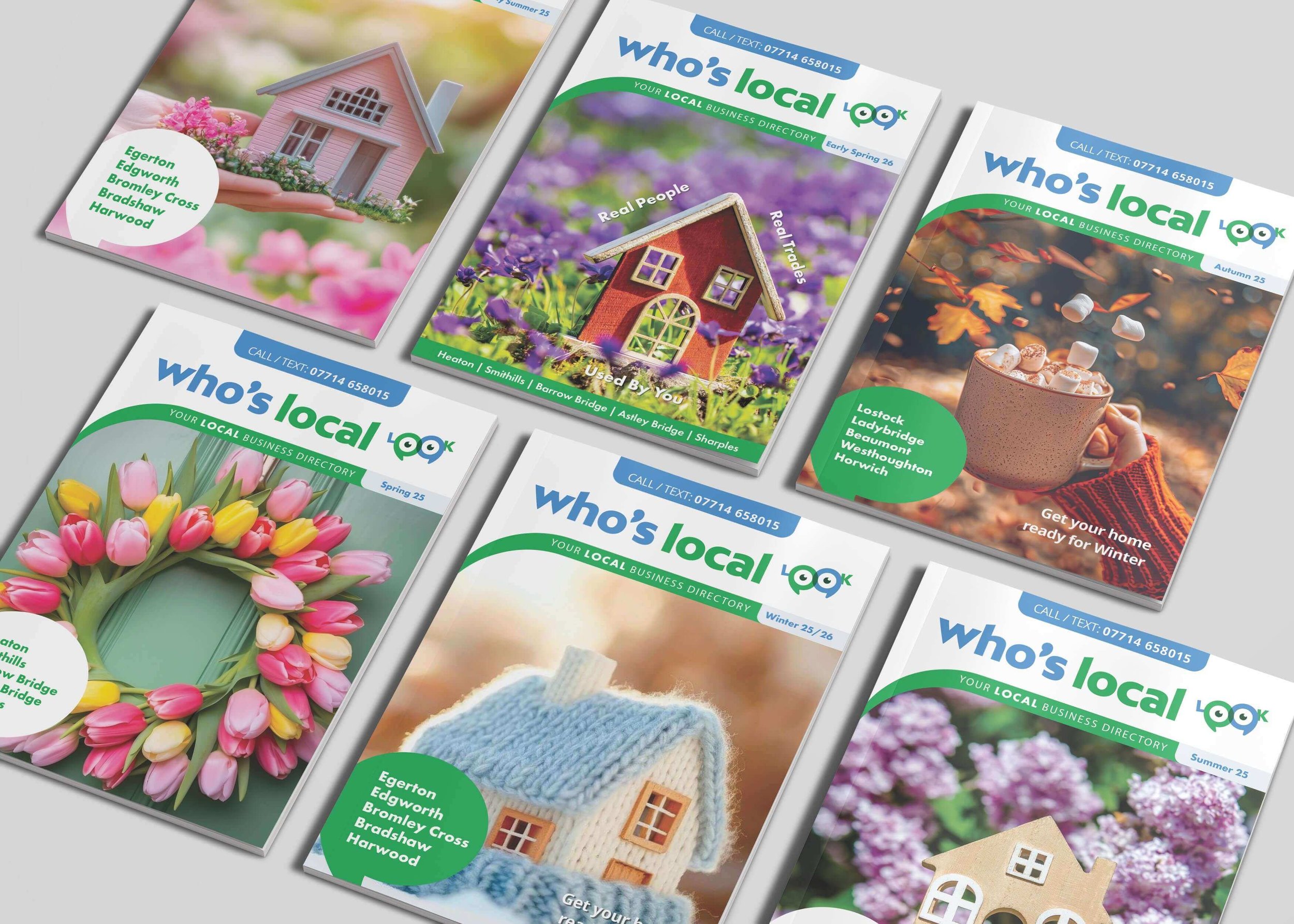 Who’s Local community magazine covers showing seasonal editions distributed across Bolton.