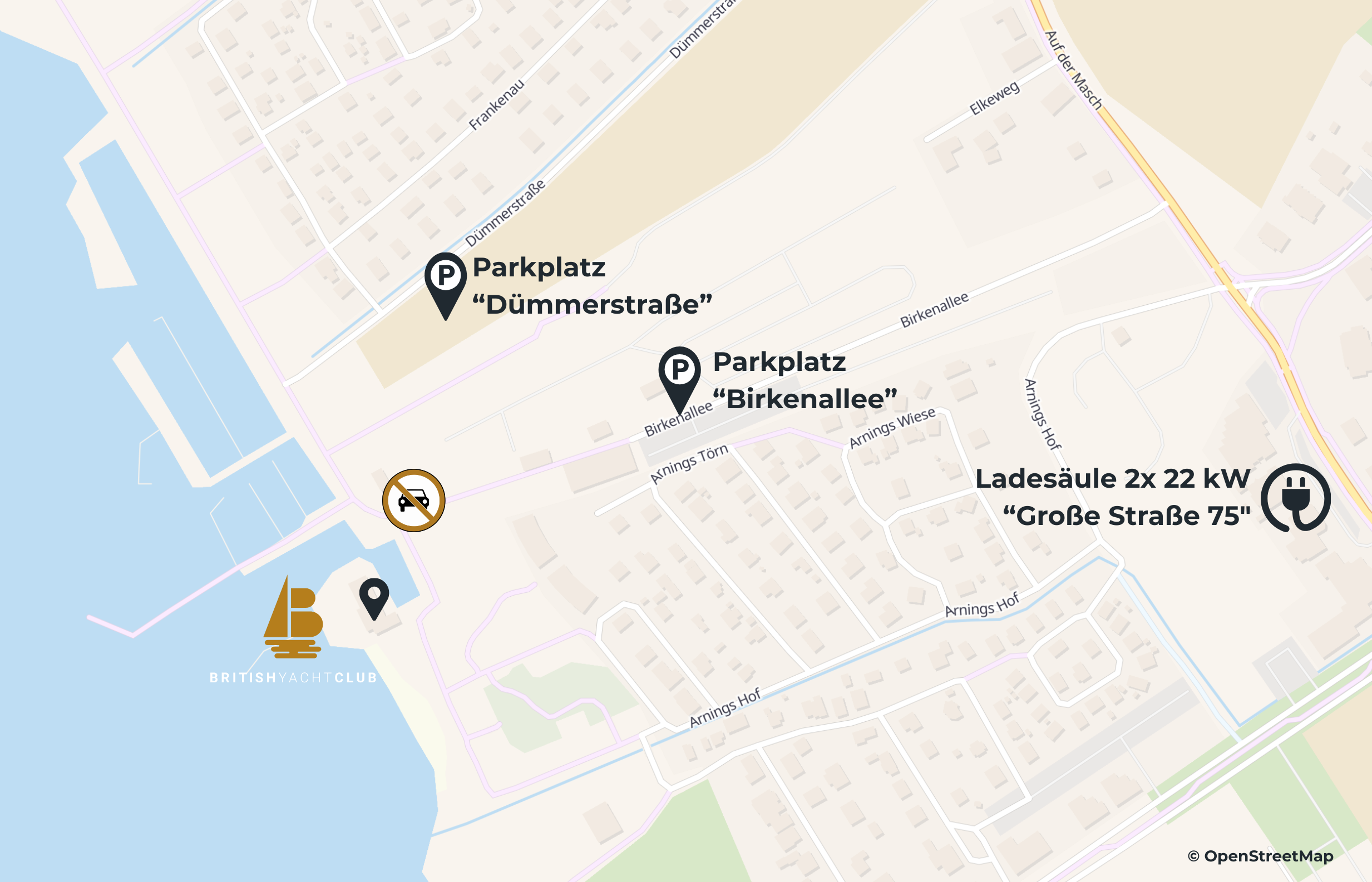 Karte mit Parkplätzen an der Dümmerstraße und Birkenallee, Ladestation für Elektroautos auf der Großen Straße 75, keine Parkmöglichkeit an der Wasserseite, British Yacht Club in der Nähe, Straßen und Wasserzonen.
