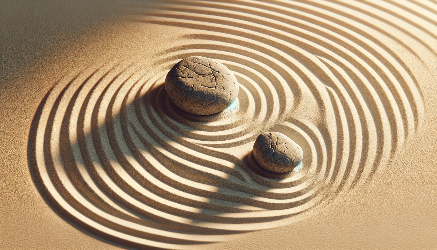 Two smooth stones with cracks resting on a sandy surface, surrounded by concentric circular patterns in the sand.