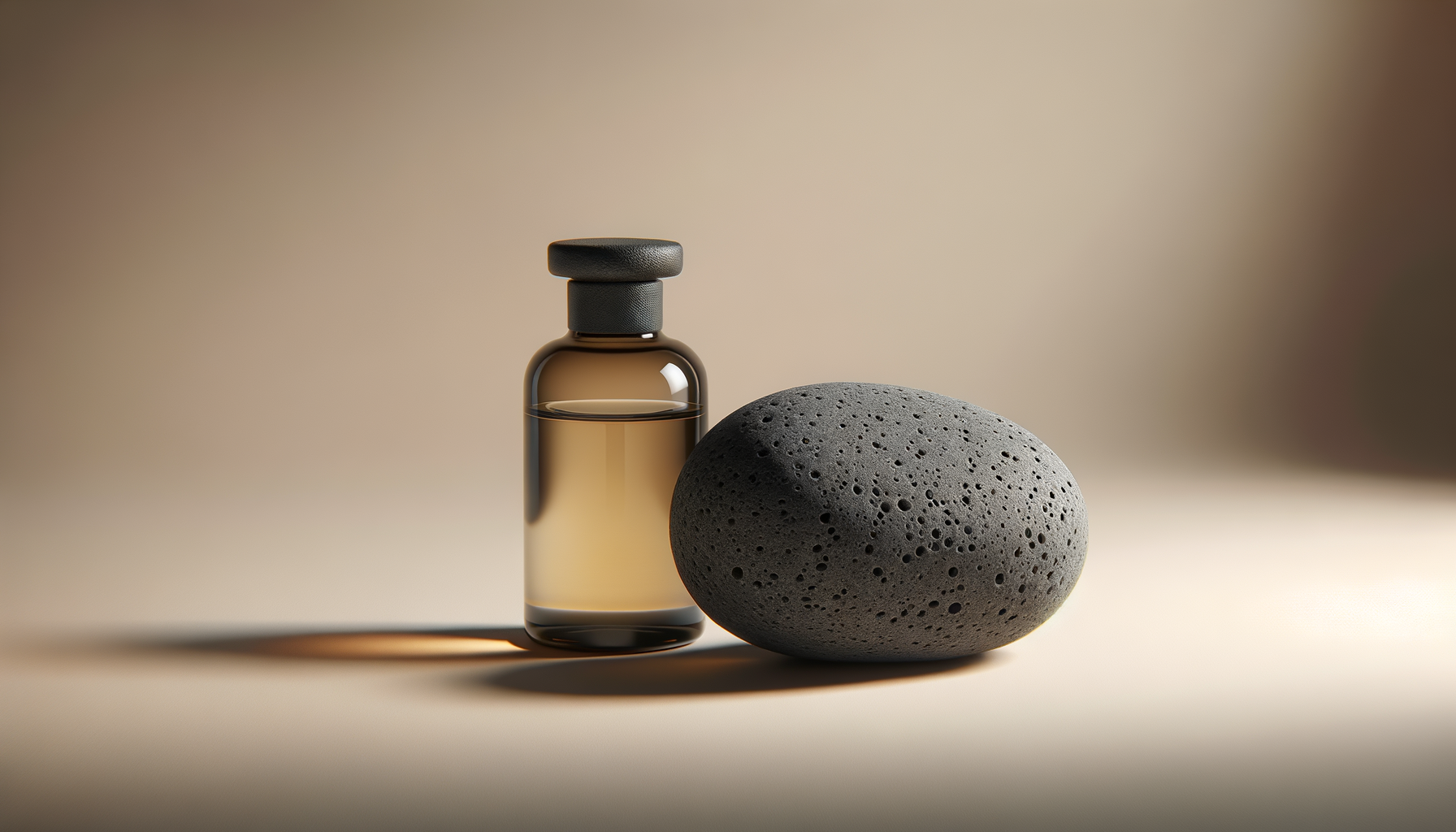 A small amber glass bottle with a black cap and a porous black stone are placed on a neutral background, casting soft shadows.