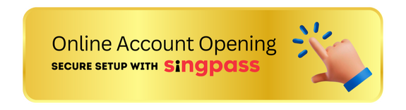 Yellow banner with text 'Online Account Opening Secure Setup with Singpass' and a pointing hand icon
