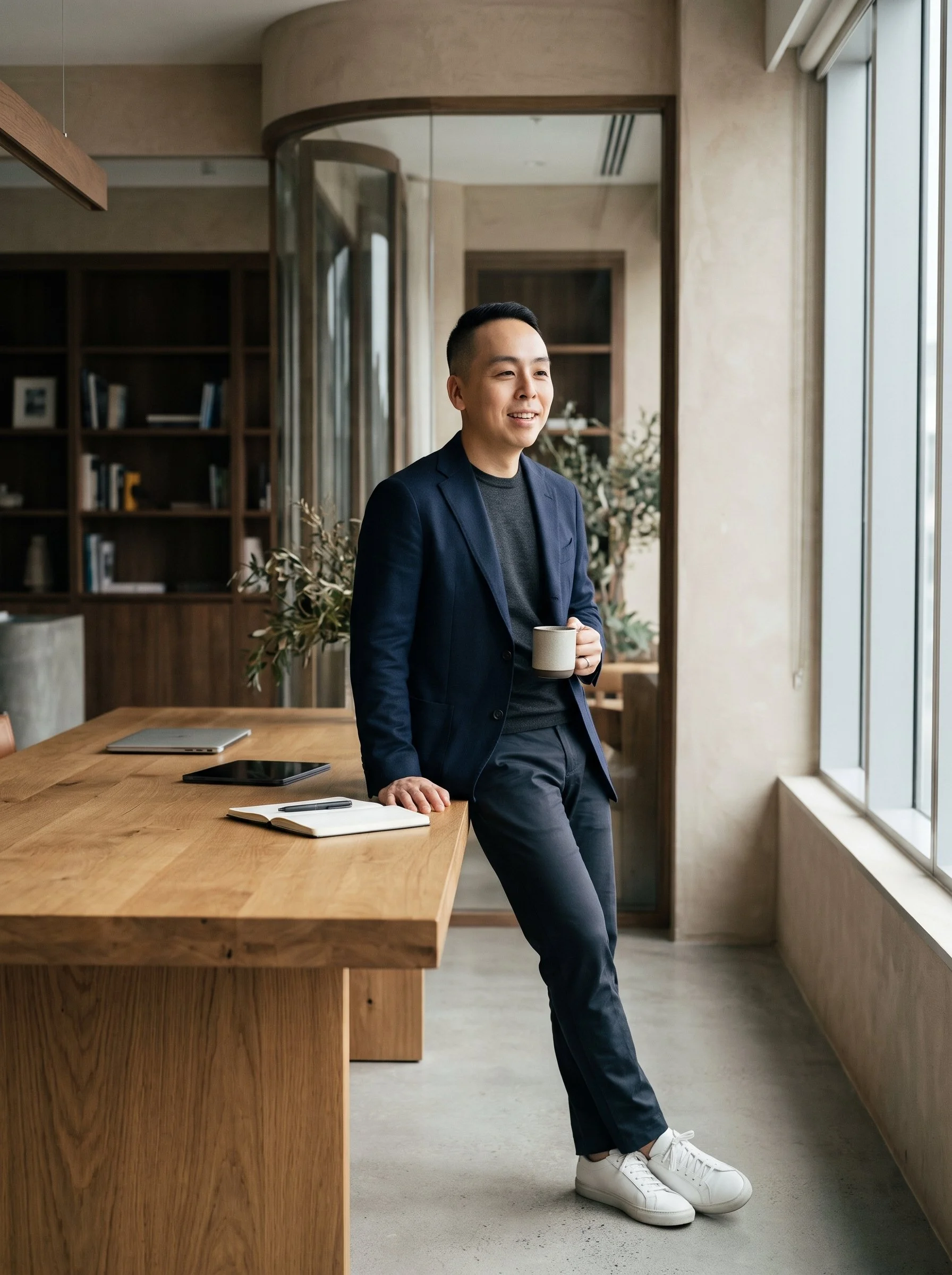 Eden Huang, Macro Strategist and Financial Advisor, leaning on a natural oak table holding a coffee cup in a warm, professional office setting.