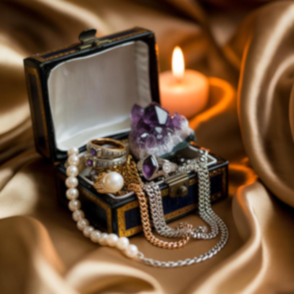 Jewelry box filled with necklaces, rings, and earrings, with a candle and satin fabric background.