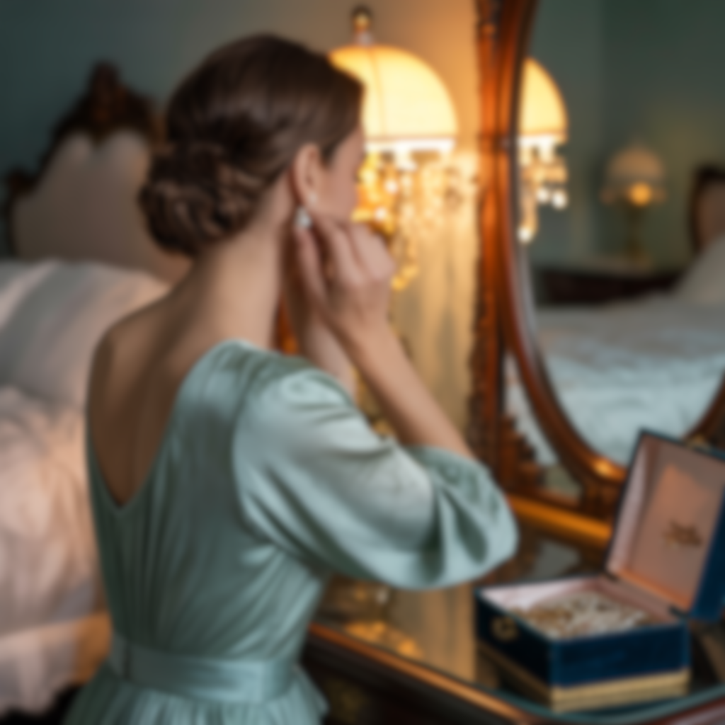 A woman putting on earrings while looking at her reflection in a vanity mirror in a bedroom.