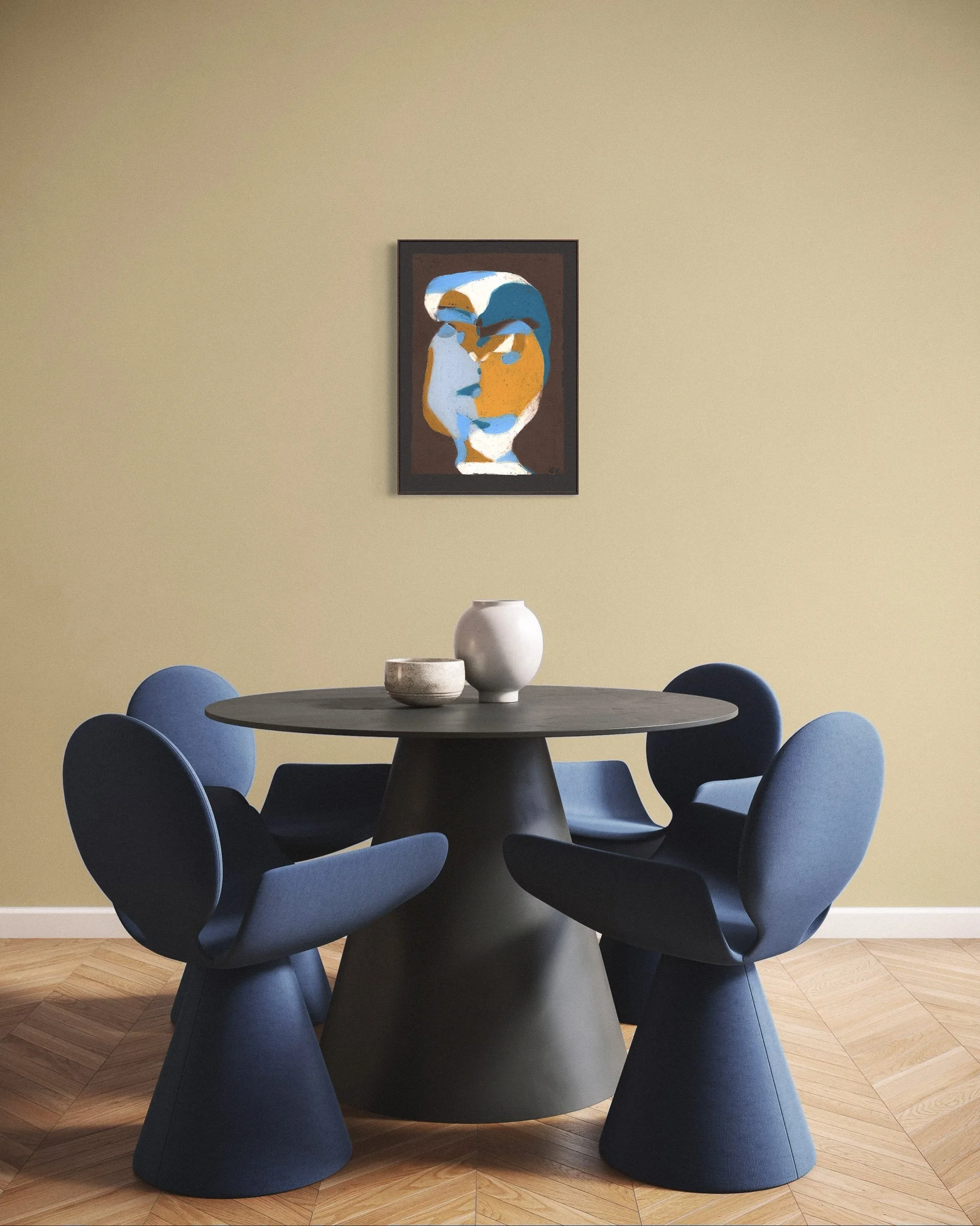 Dining room with a round black table, four modern navy blue chairs, a beige wall, a framed figurative abstract art poster, and three white and gray vases on the table.