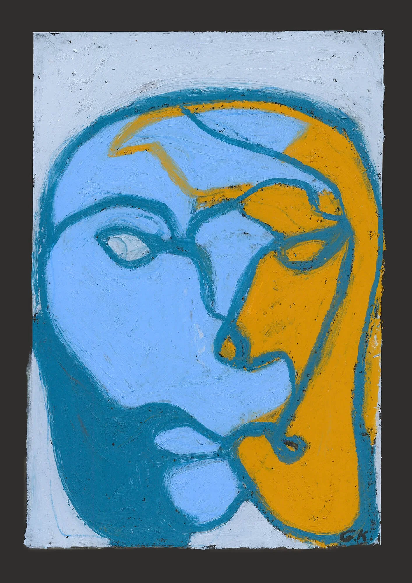 Abstract painting of two faces, one in blue and another in yellow, with simplistic features and bold outlines, made by a Norwegian artist Giedre Koz. From the "Between Faces" series. 