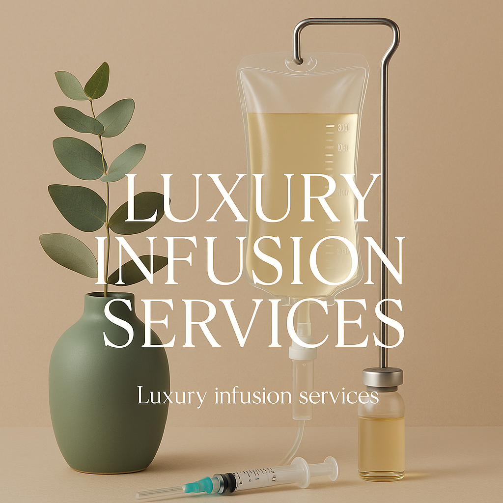 A green vase with eucalyptus branches, a medical IV bag filled with a yellow liquid, a small vial, and a syringe on a beige background. The text says "Luxury Infusion Services."