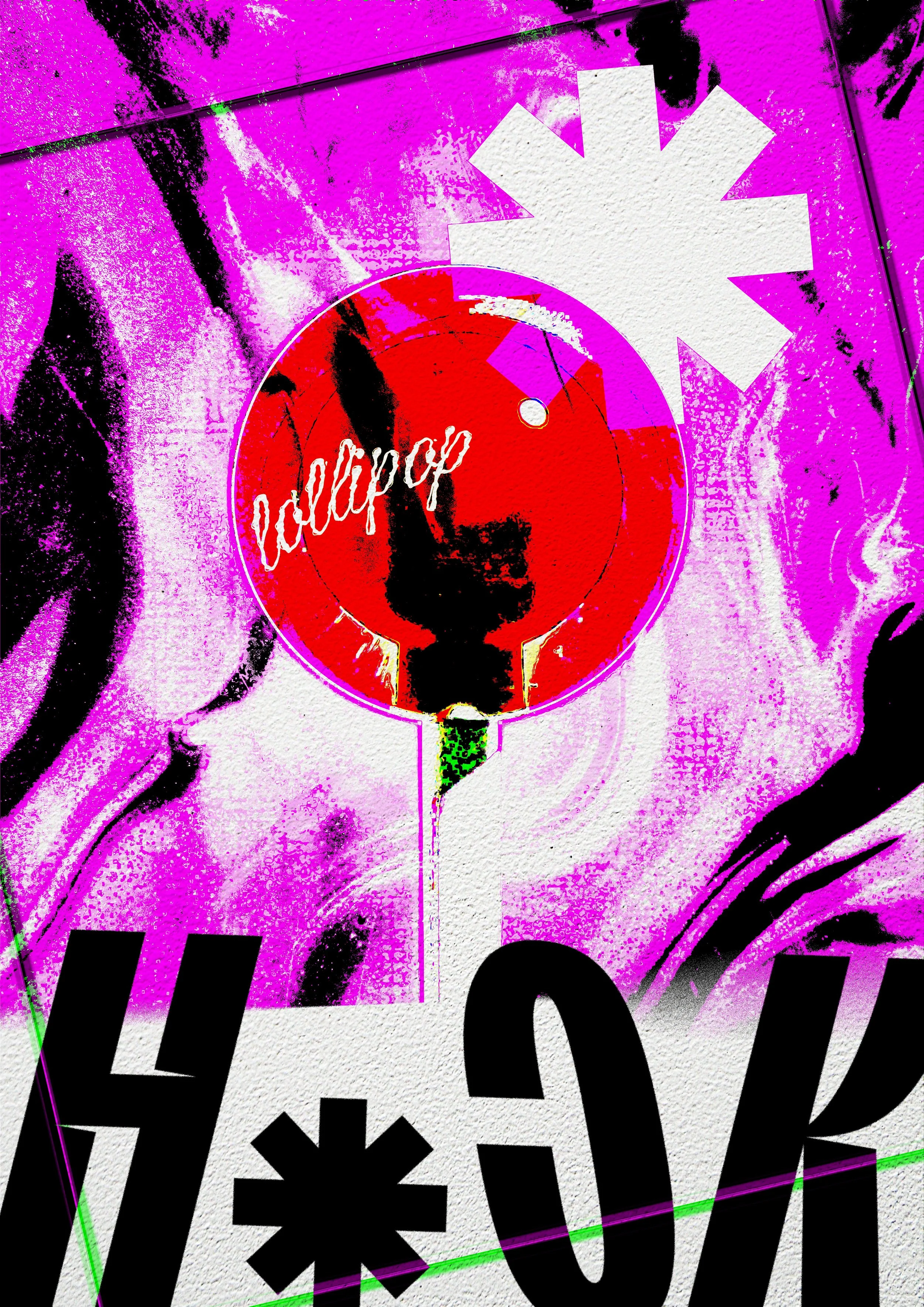 Abstract artwork featuring a red circular sign with white cursive writing, black silhouette, and a white starburst shape against a pink and purple background.