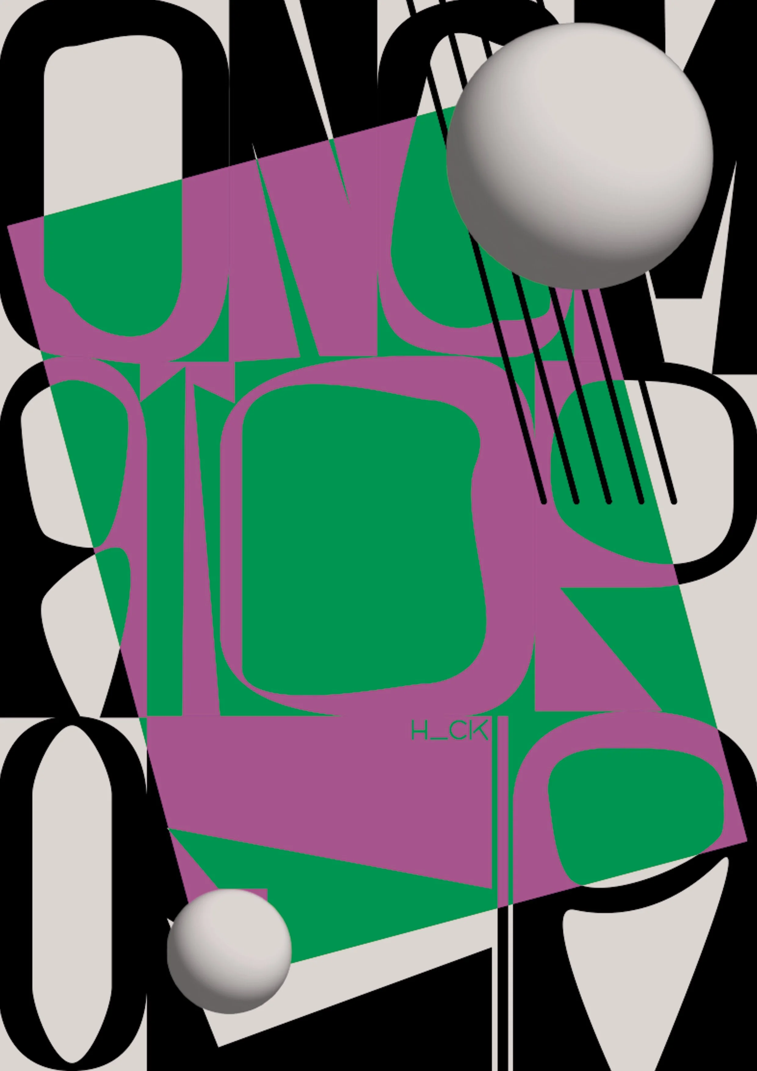 Abstract artwork with green and purple shapes, black and white background, and two gray spheres.