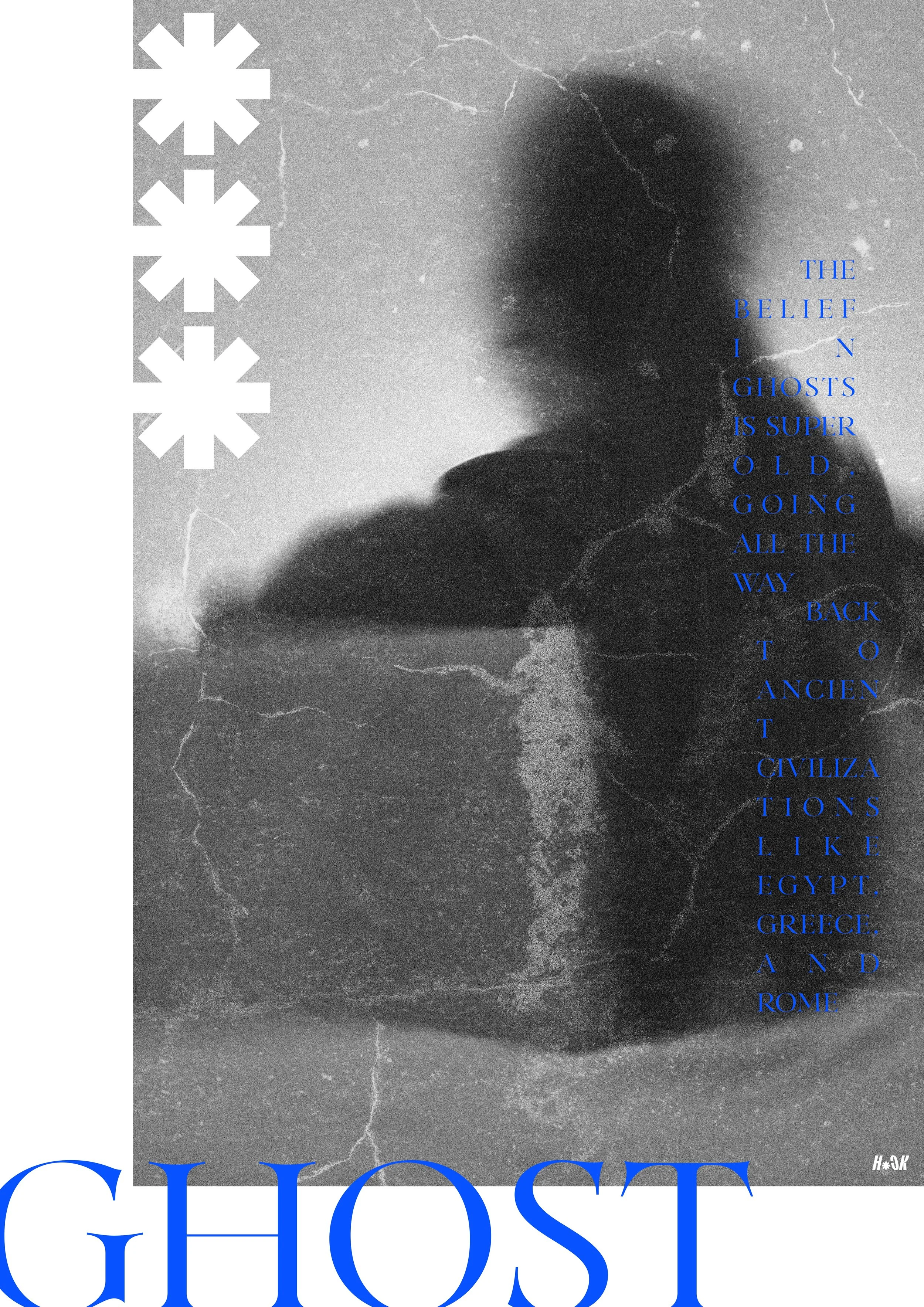 Black and white art piece featuring a ghostly figure with a dark face and cloak, set against a textured background with cracks and light speckles. Vertical text on the right states: "The belief in ghosts is super old. Going all the way back to ancien