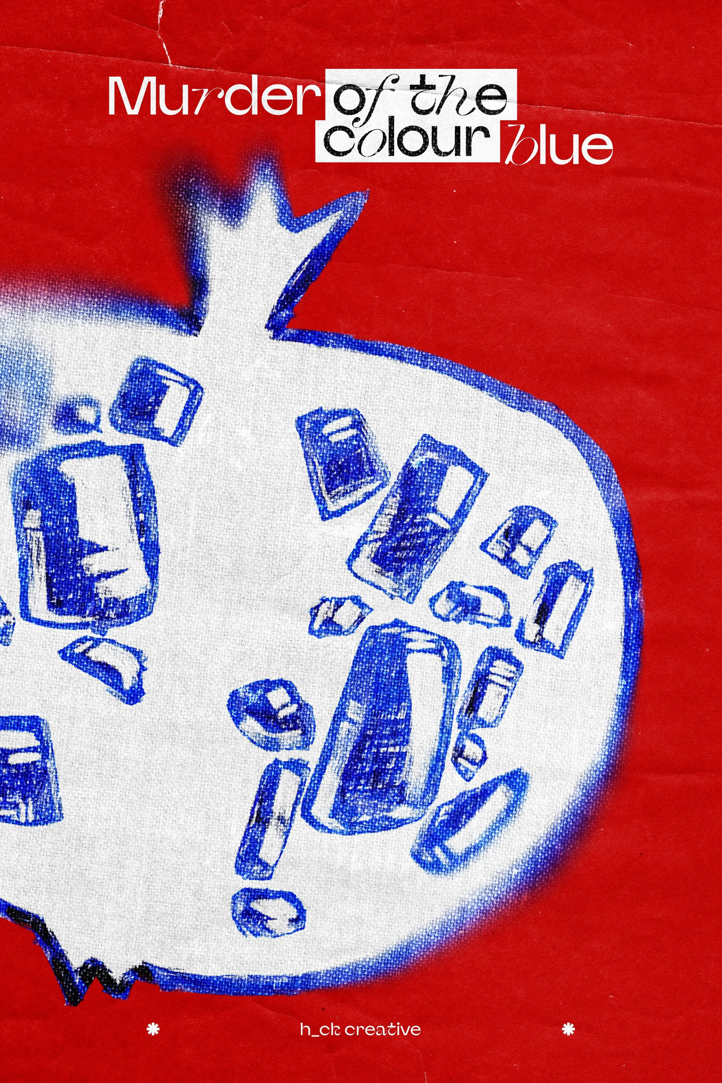 Cover art featuring a white apple with blue capsules spilling out, set against a red background. Title text reads 'Murder of the colour blue', with the words 'of the' and 'the' in black and white, and 'Murder' and 'blue' in red and white respectively