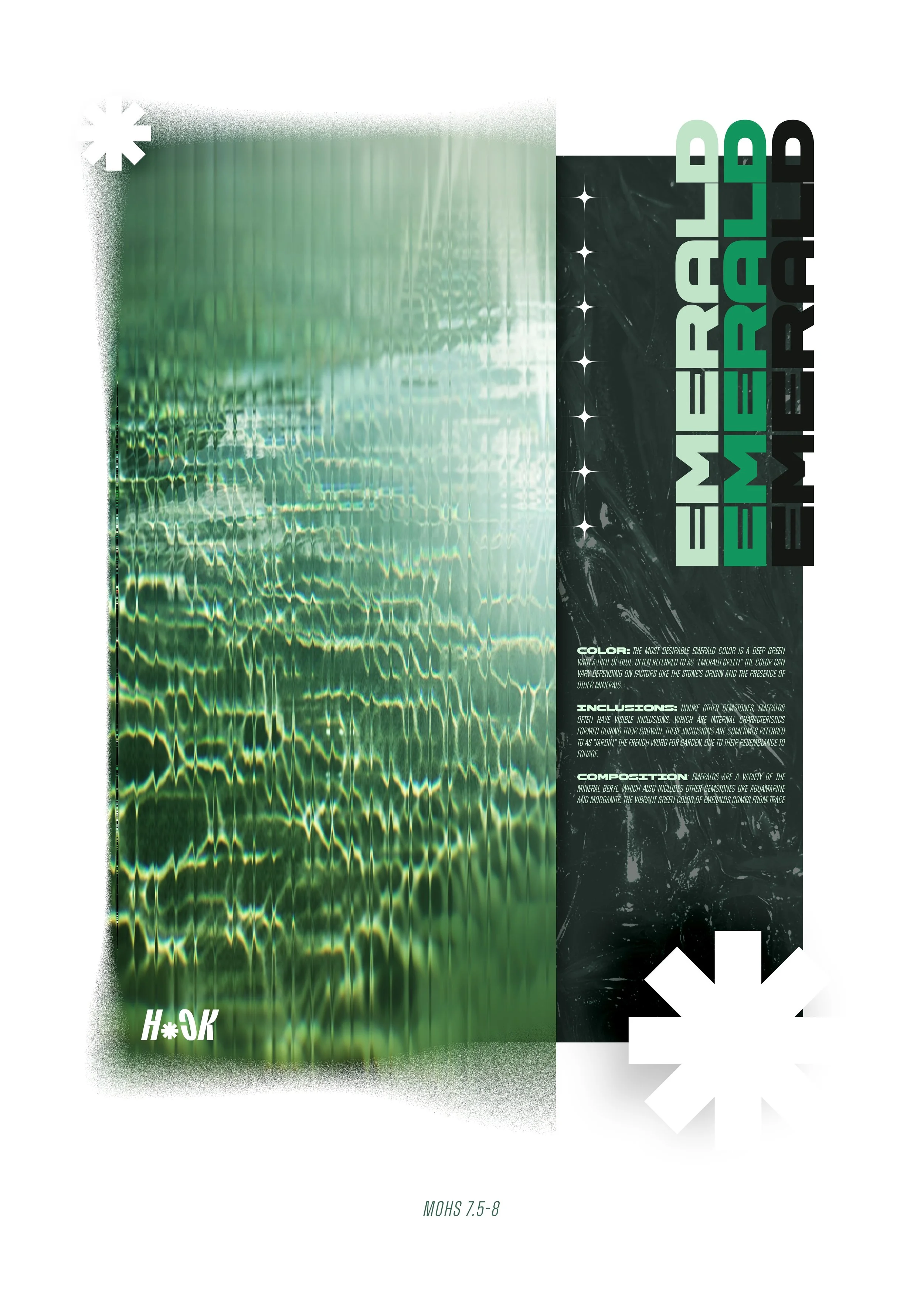 Graphic design featuring green water reflection on the left side and black marble texture with light green and white text on the right side, including the words 'Emerald' and information about color, inclusions, and composition.