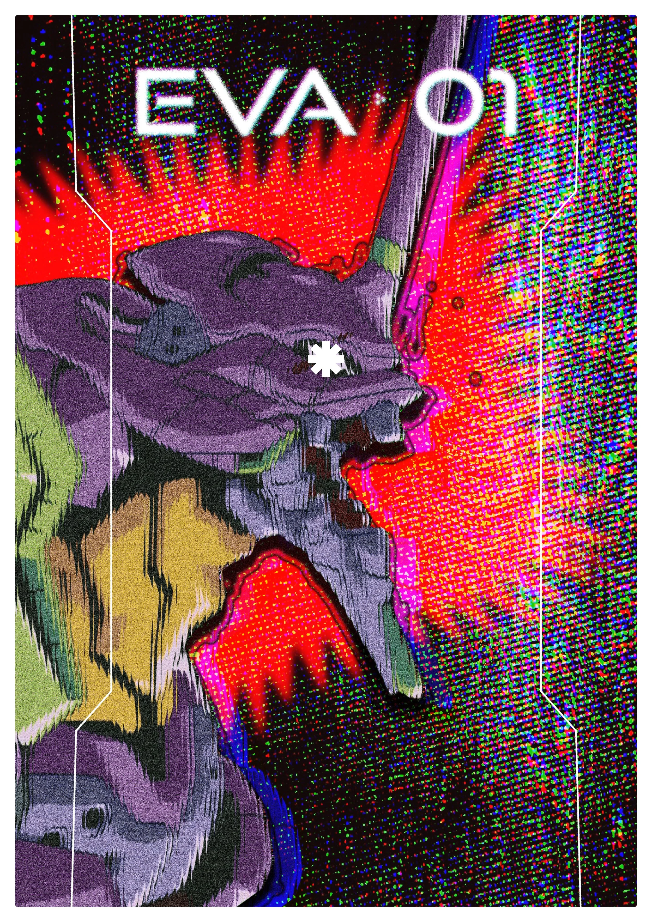 A digital artwork featuring a purple skull with a sword through it, set against a bright, colorful digital background with pixelated patterns and a red explosion effect. The word 'EVA 01' appears at the top.