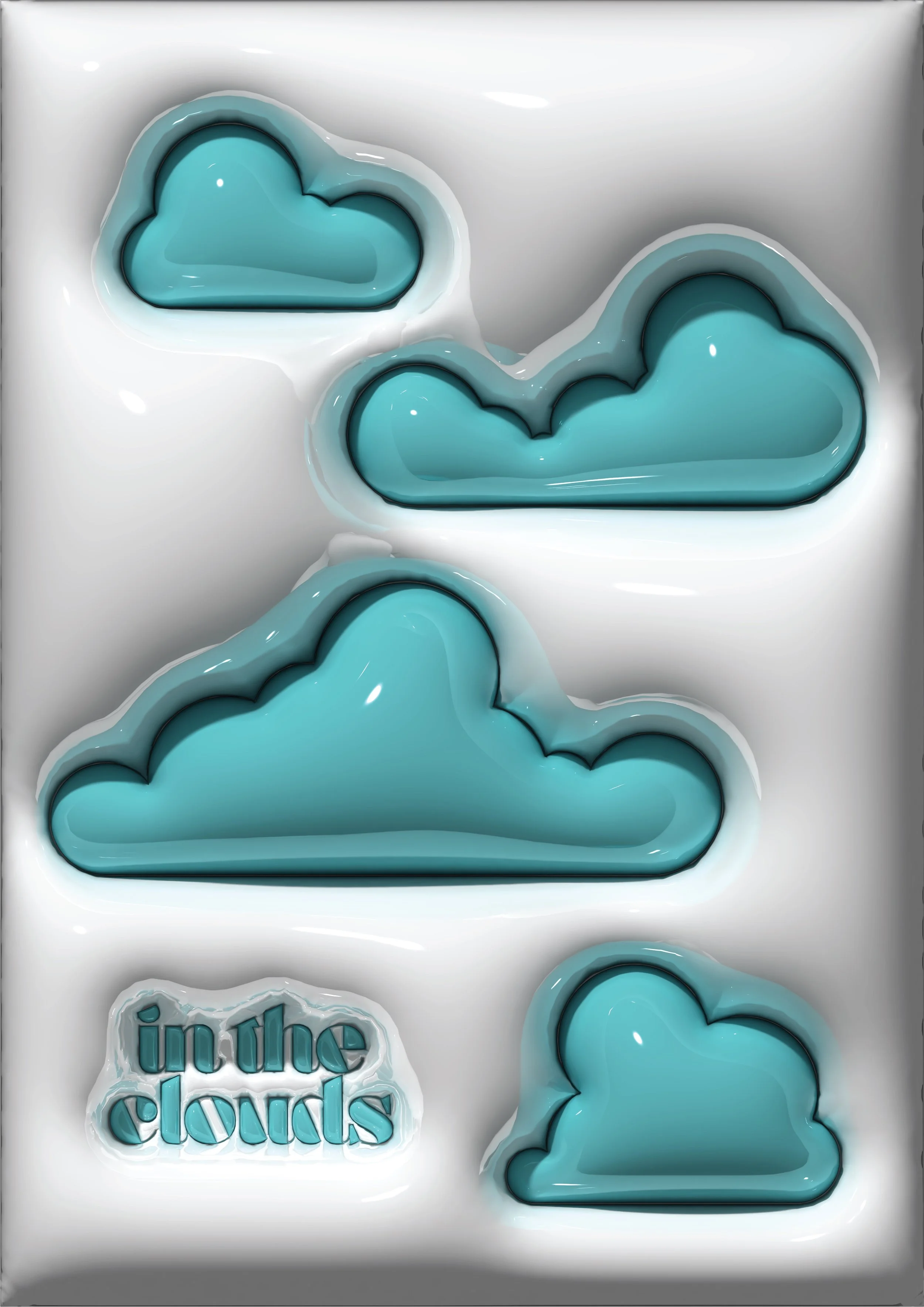 A silicone mold with five cloudy sky-shaped cavities filled with blue silicone, and a cavity with a text that reads 'in the clouds' in blue.