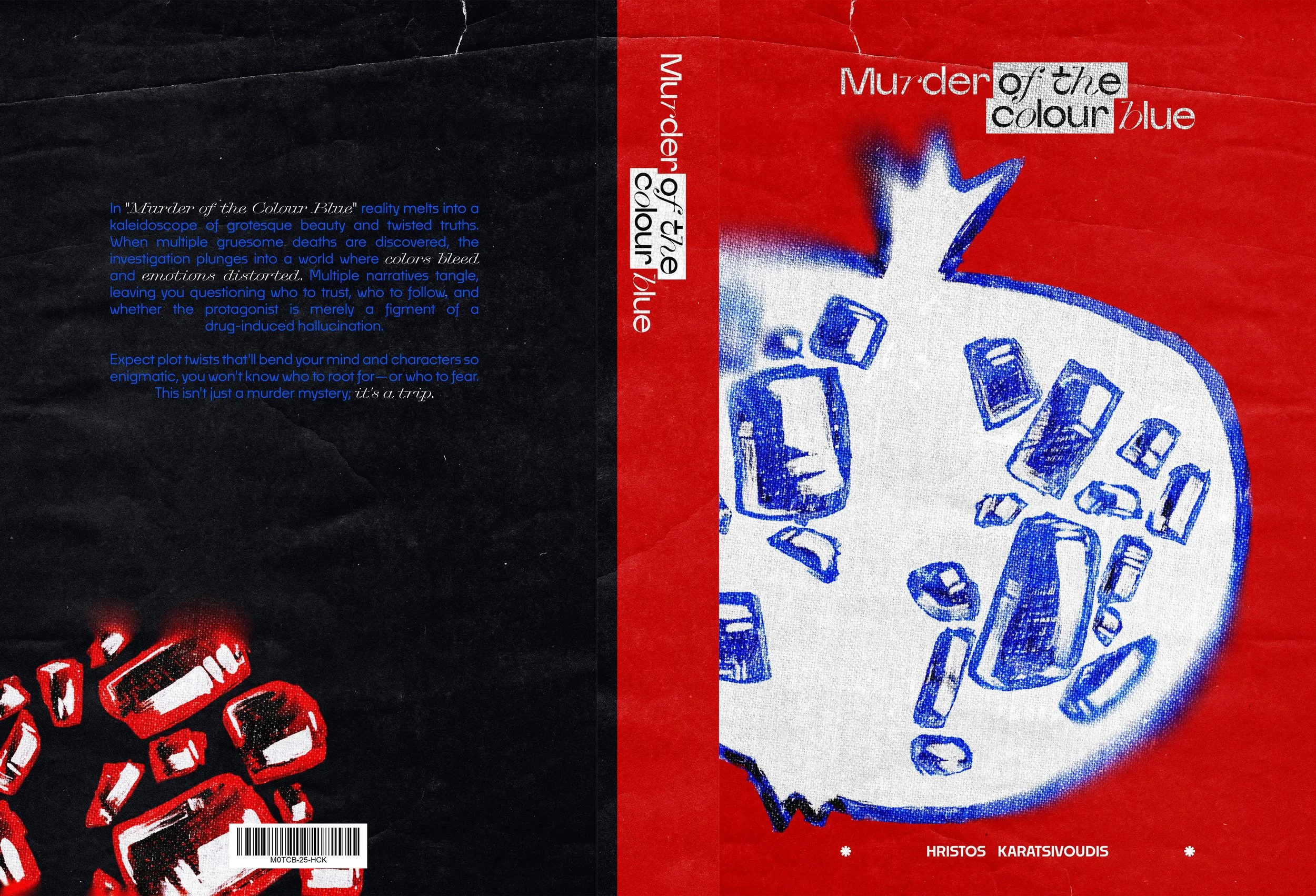 Book cover for 'Murder of the Colour Blue' by Hristos Karatsivoudis, featuring a red background with a sketch of a broken blue ice cube and scattered smaller ice cubes, with the title and author's name.