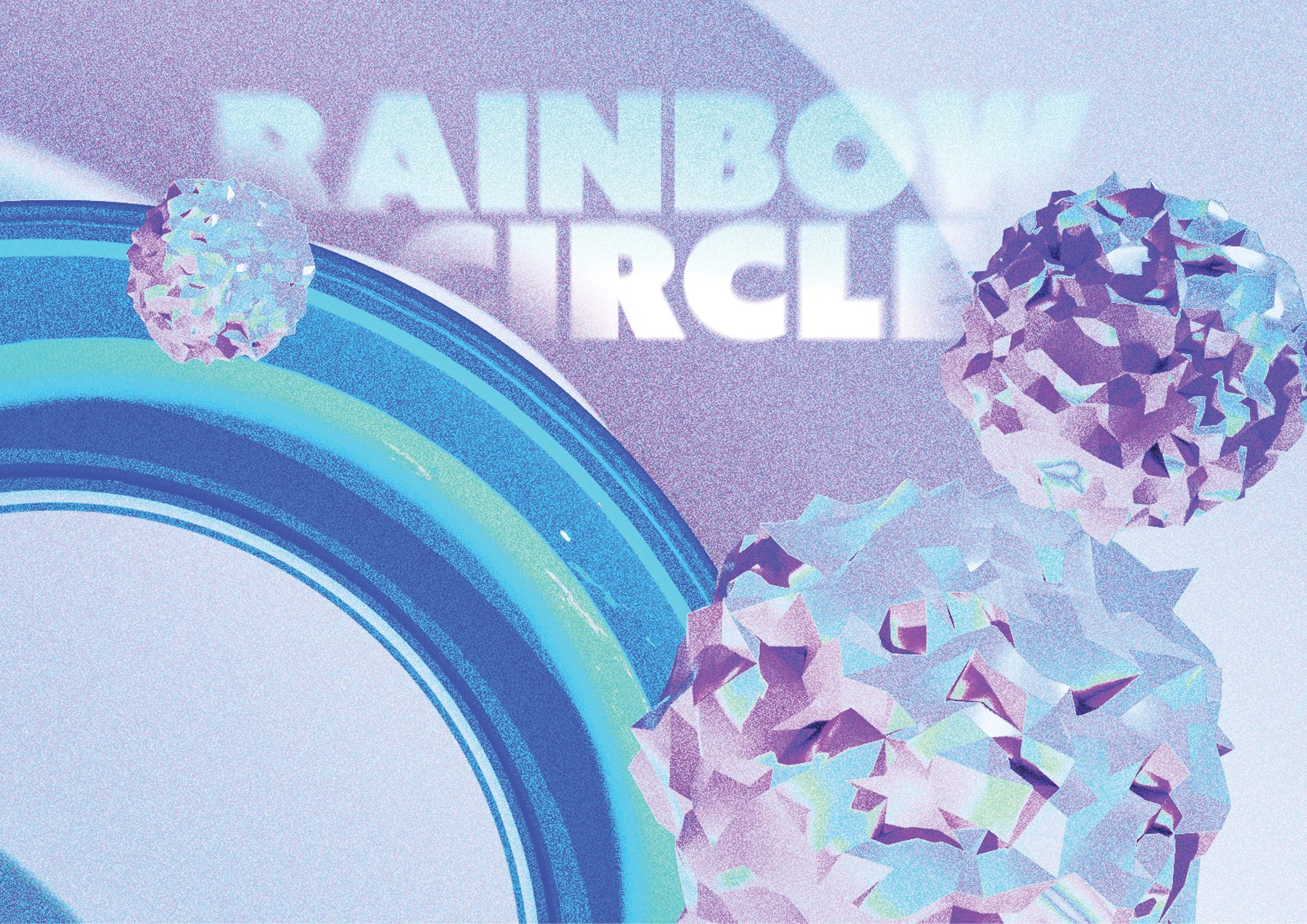 Abstract digital illustration of two irregularly shaped, glossy, holographic 3D objects, with a rainbow-colored arc on a textured purple background. The words "RAINFOUK IRCL" are partially visible and blurred in the background.