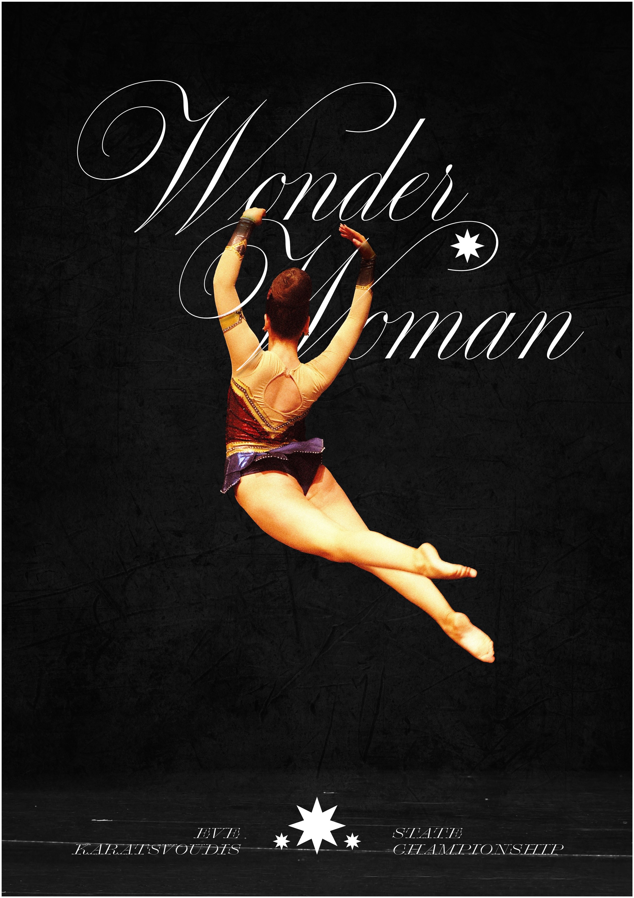 A female gymnast mid-air performing a leap, wearing a red, purple, and beige leotard, with the text 'Wonder Woman' in elegant script above her and additional event details below.