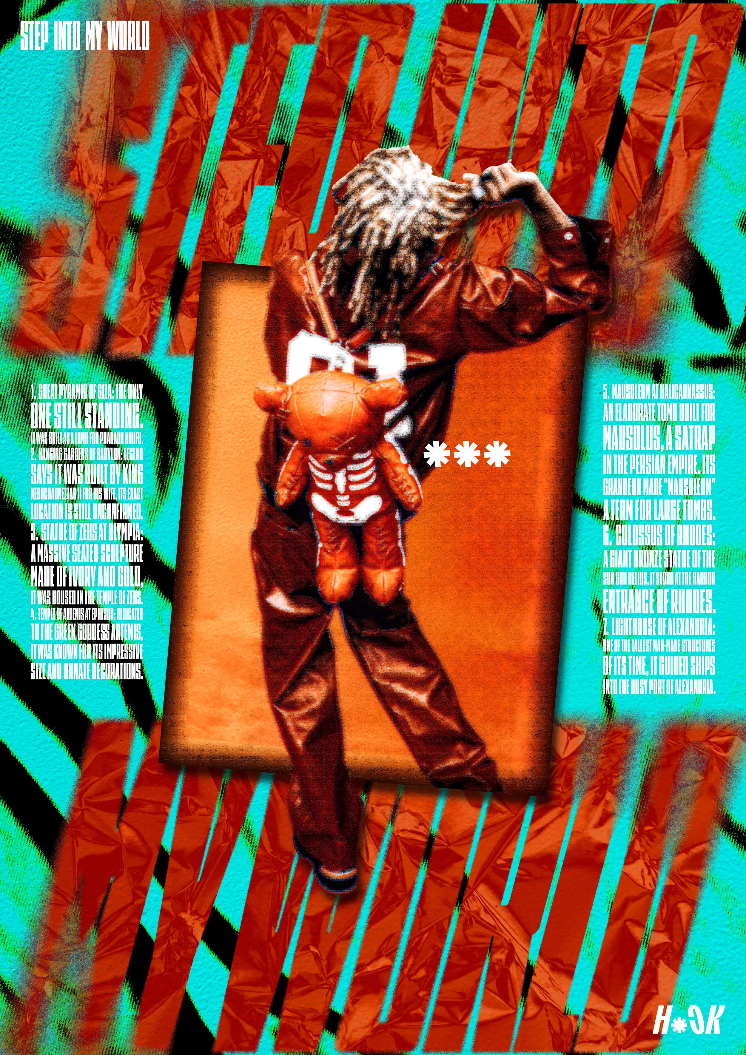 A person with dreadlocks is standing on a textured orange surface, wearing a brown leather jacket and matching baggy pants, with a stuffed animal resembling a tiger strapped to their back. The background features vibrant turquoise and orange abstract