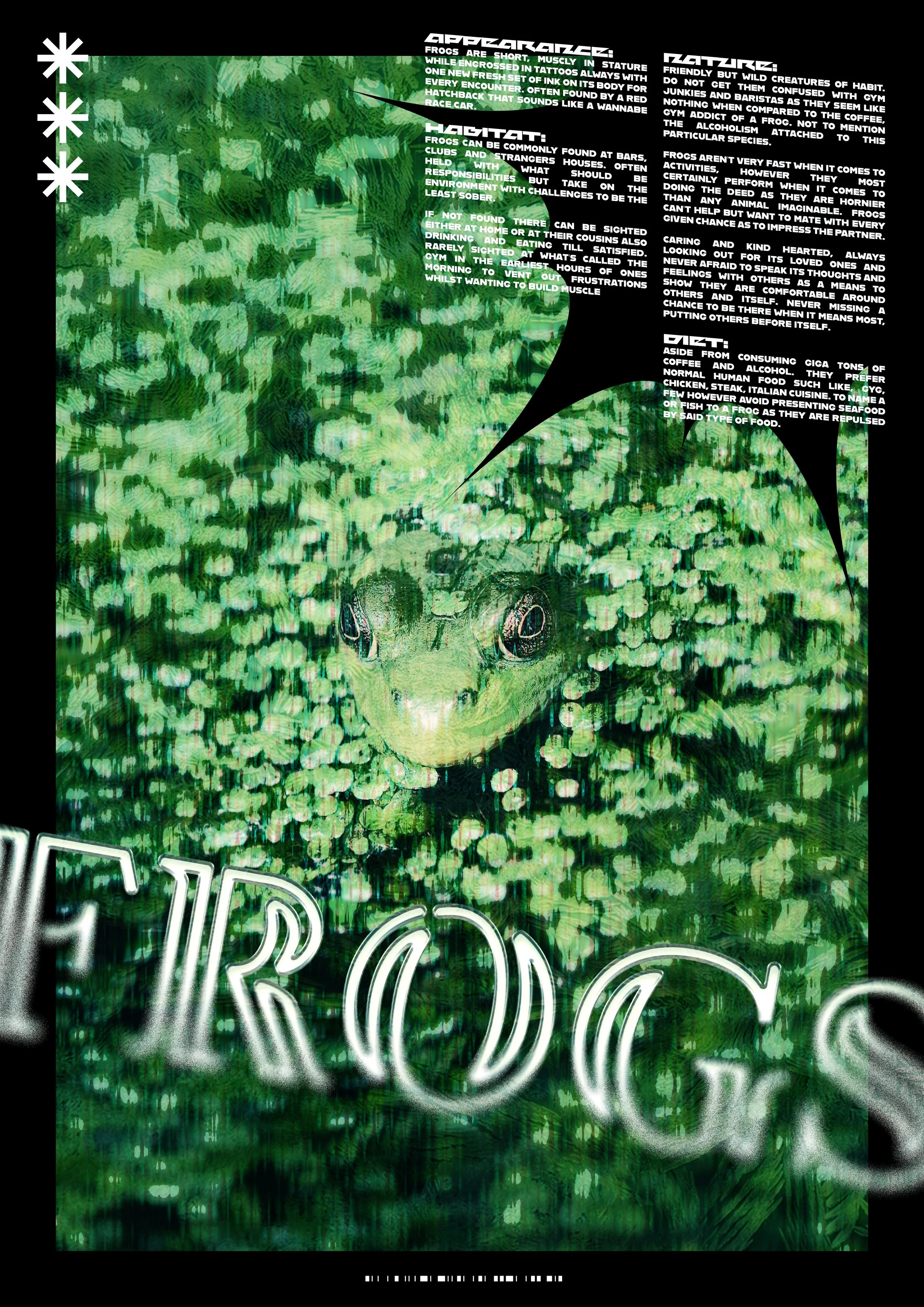 A digitally edited poster featuring a frog's face amidst green foliage and clovers, with large, stylized, glowing white text reading 'FROGS' at the bottom. Speech bubbles contain informational text about frogs' appearance, habitat, and diet.