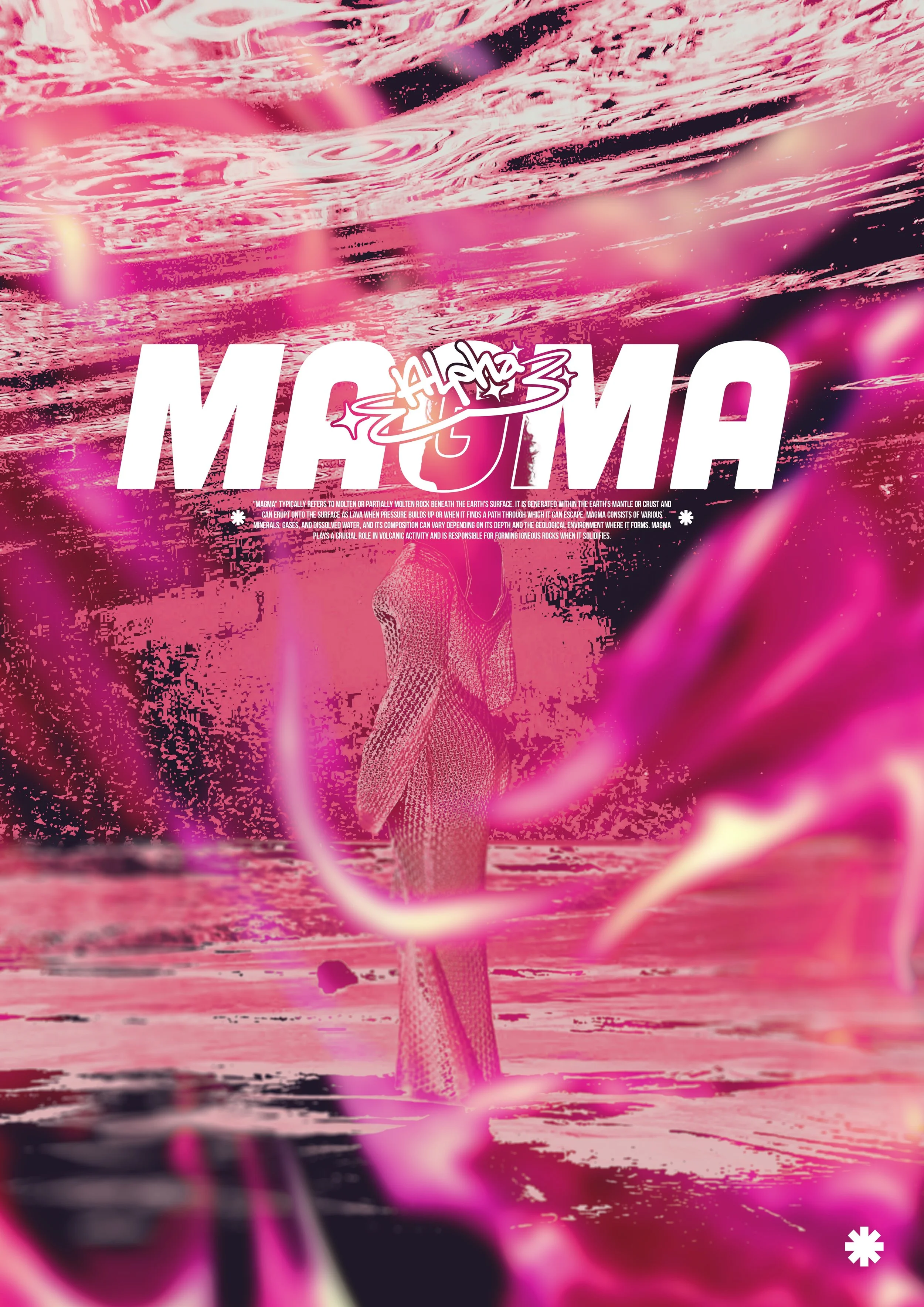 Digital artwork featuring the word 'MAGMA' with a stylized 'Alpha' logo, a pink and black abstract background, and a silhouette of a person with a snake or reptile pattern, standing in water surrounded by pink-themed elements.