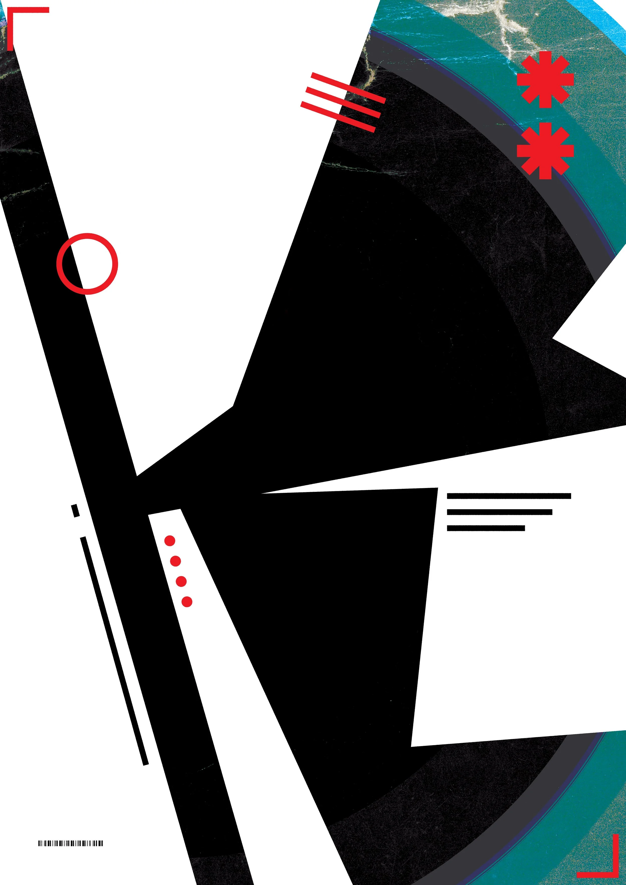 Abstract modern art with black, white, and teal shapes, red accents, and geometric lines.
