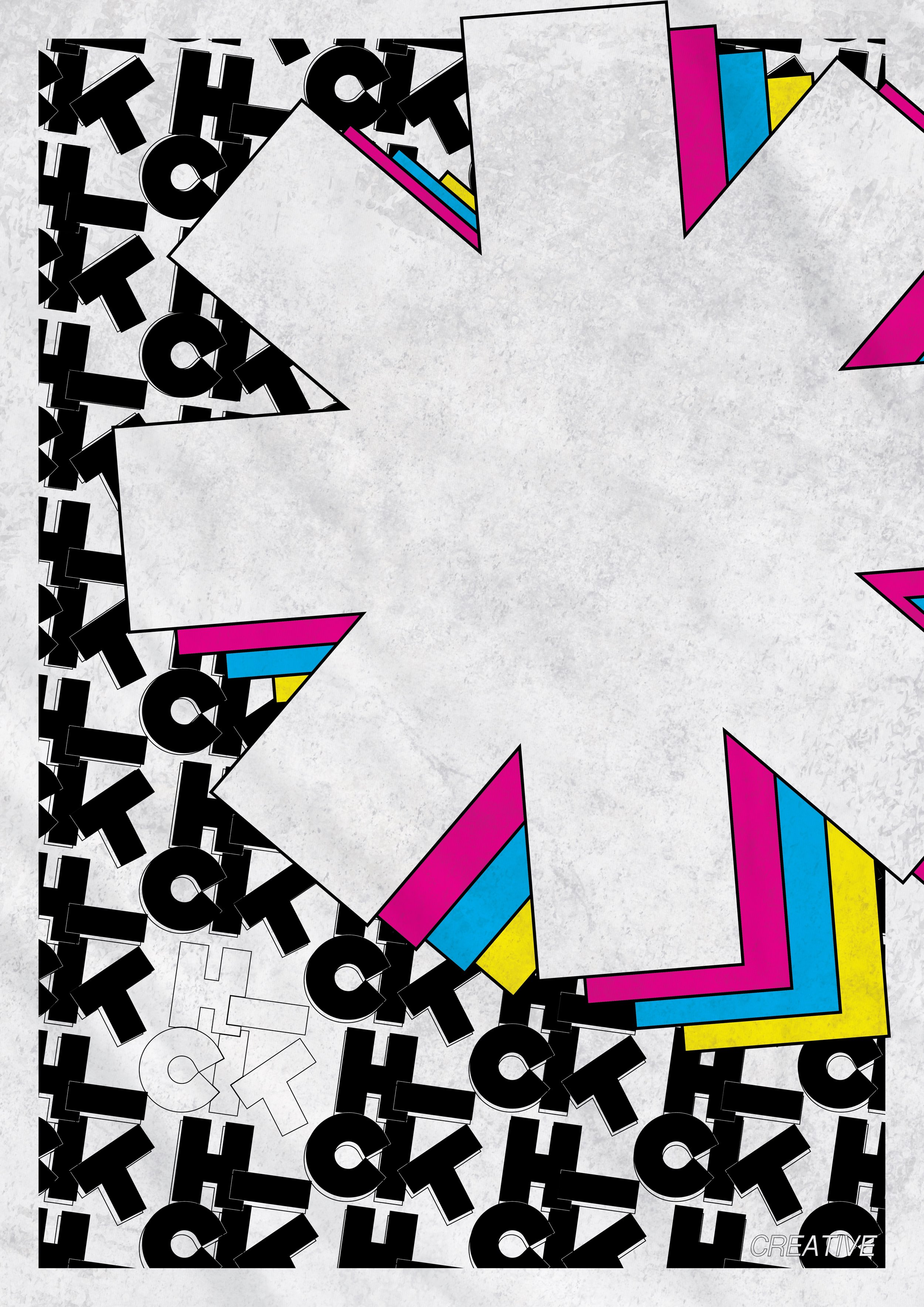 Colorful geometric collage with multicolored triangles and squares, with black and white text that reads 'CHECK' repeated in various orientations around the edges and corners.