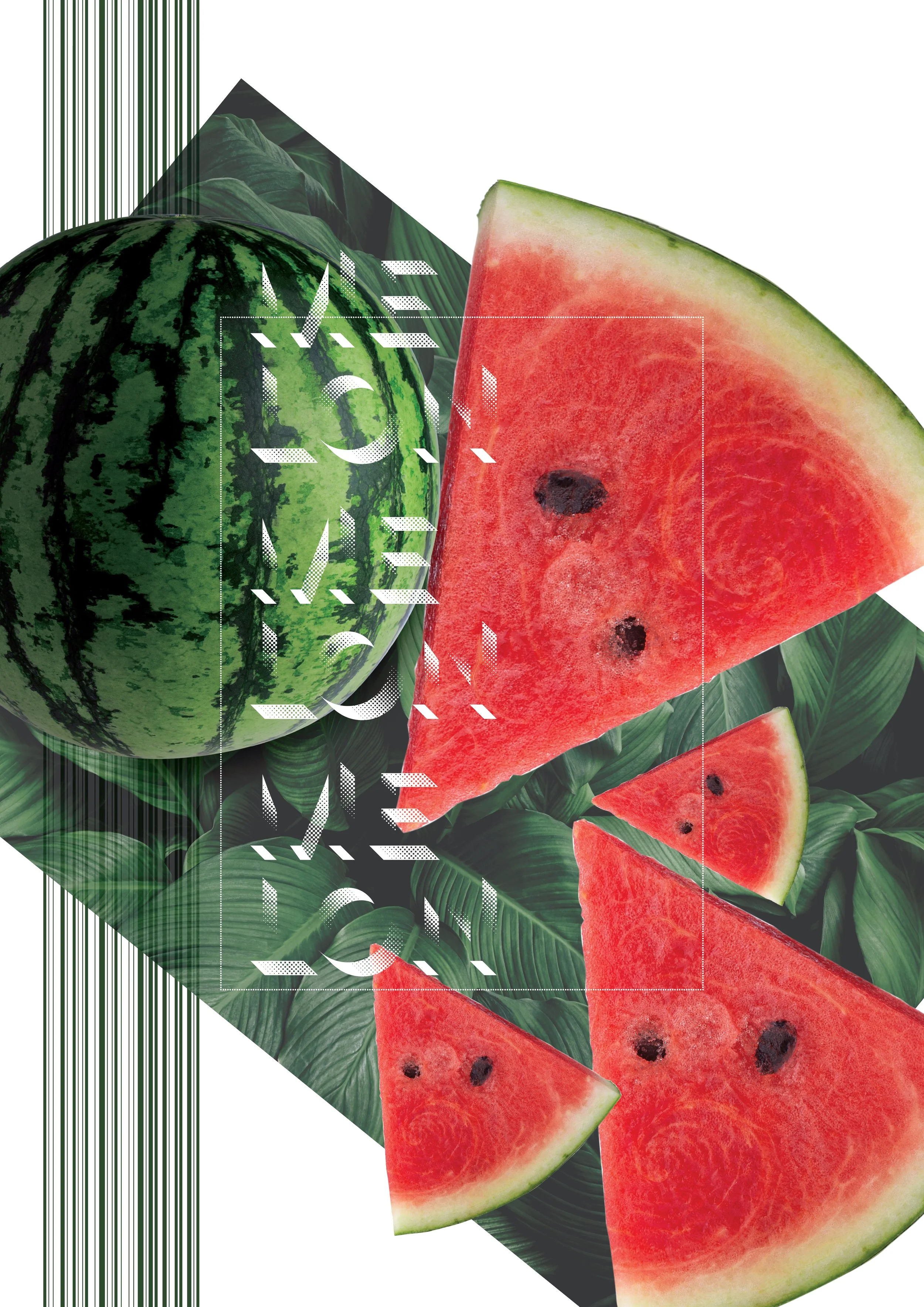 Watermelon and watermelon slices on green leaves with digital graphic elements.