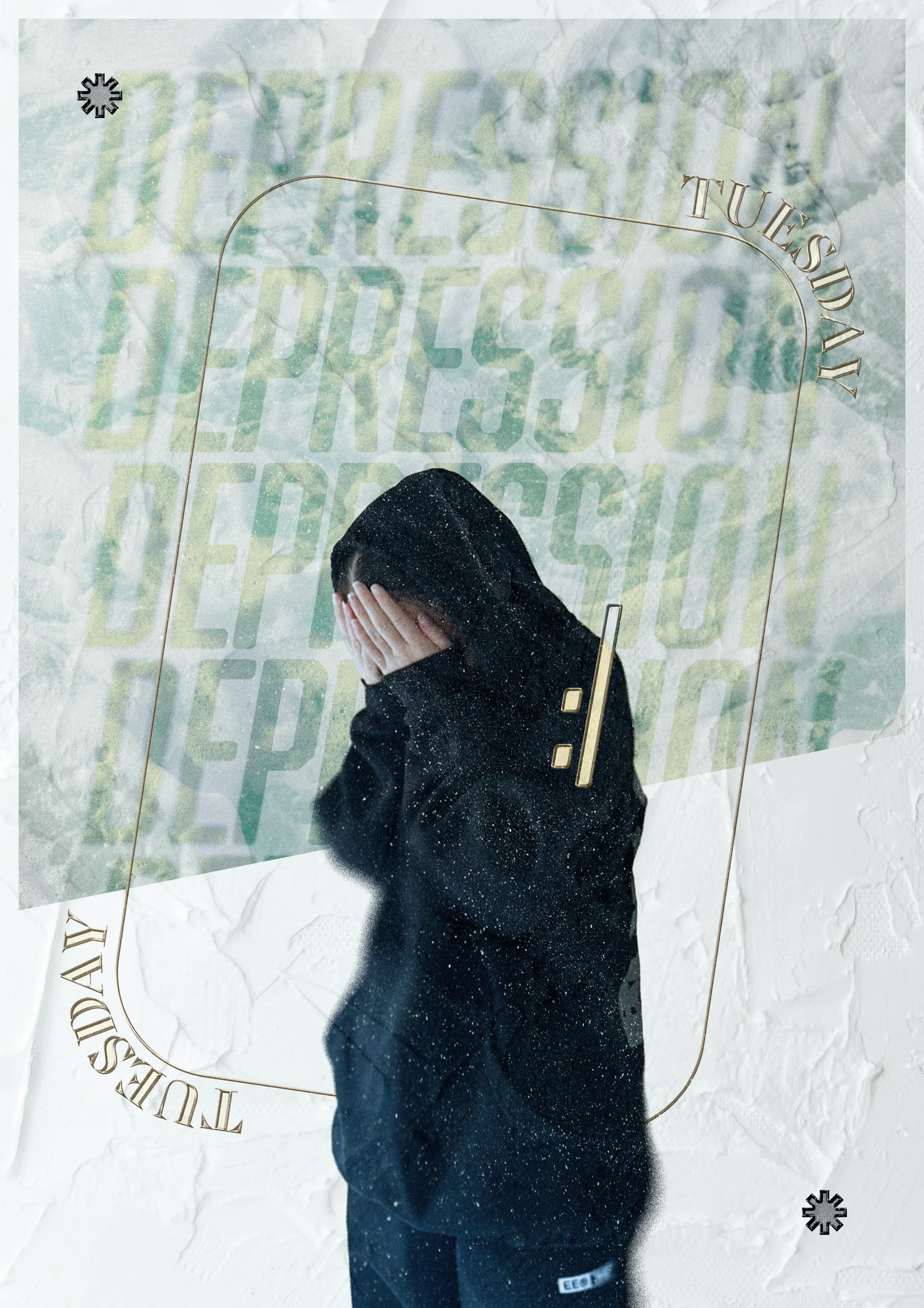 Person wearing a black hoodie with their face covered by their hand, standing in front of a textured white wall with a mirror and a translucent decorative overlay that reads 'Tuesday' and 'Depression'.