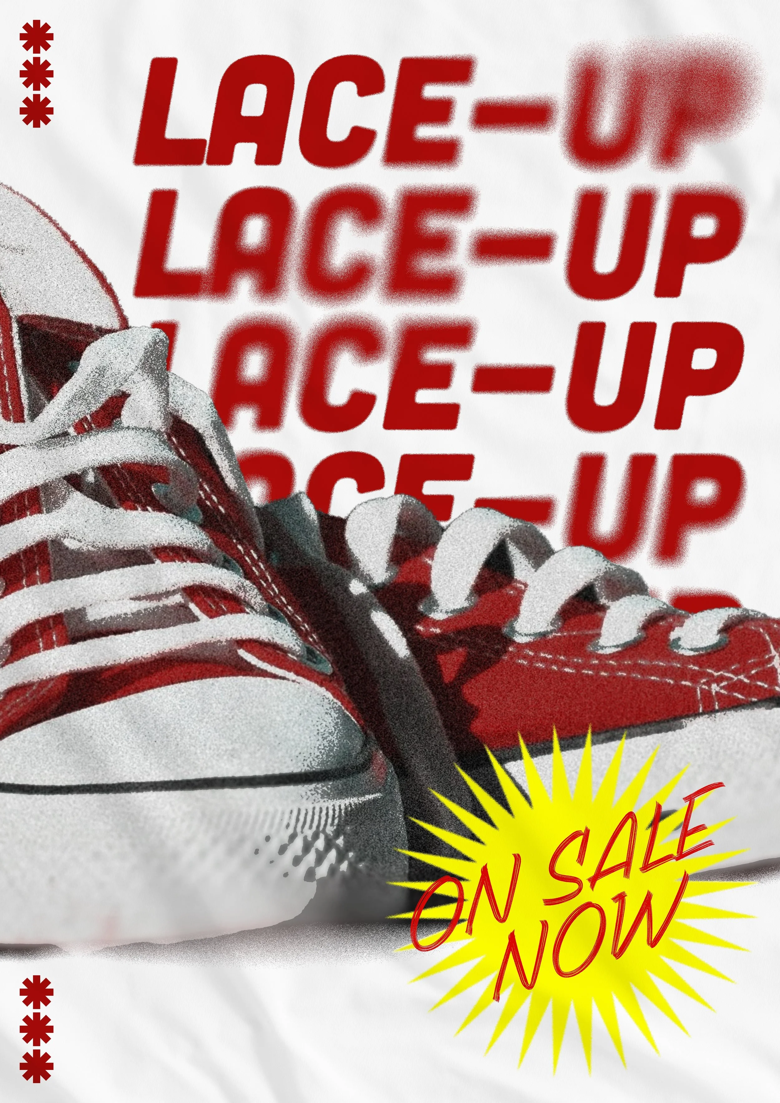 Red and white sneakers on a white surface with a background featuring the text 'LACE-UP' repeated in red, and a yellow burst with red text that says 'ON SALE NOW'.