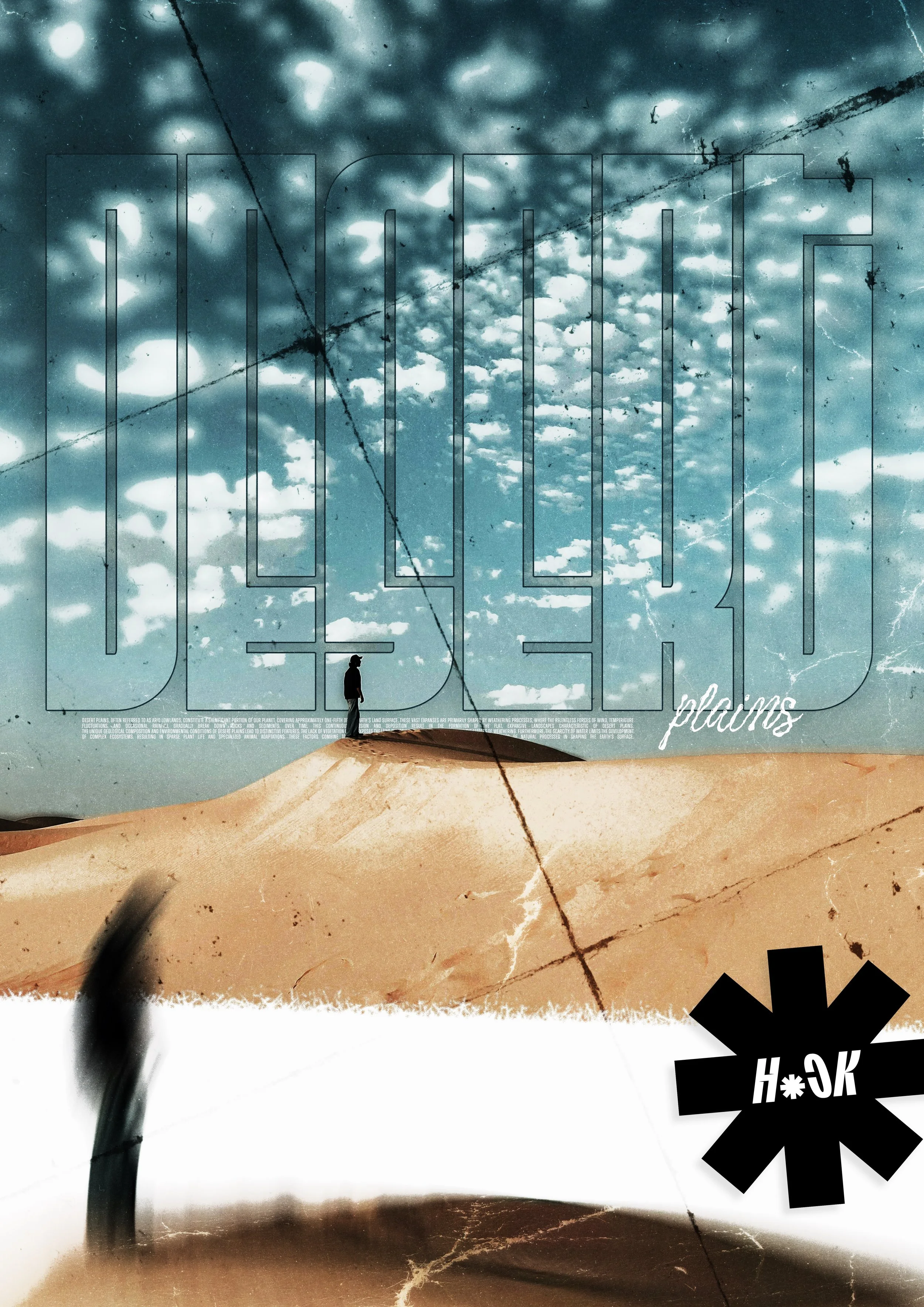 A man standing on desert dunes with a cloudy sky overhead, overlaid with artistic text reading 'DESERT' and 'plains'.