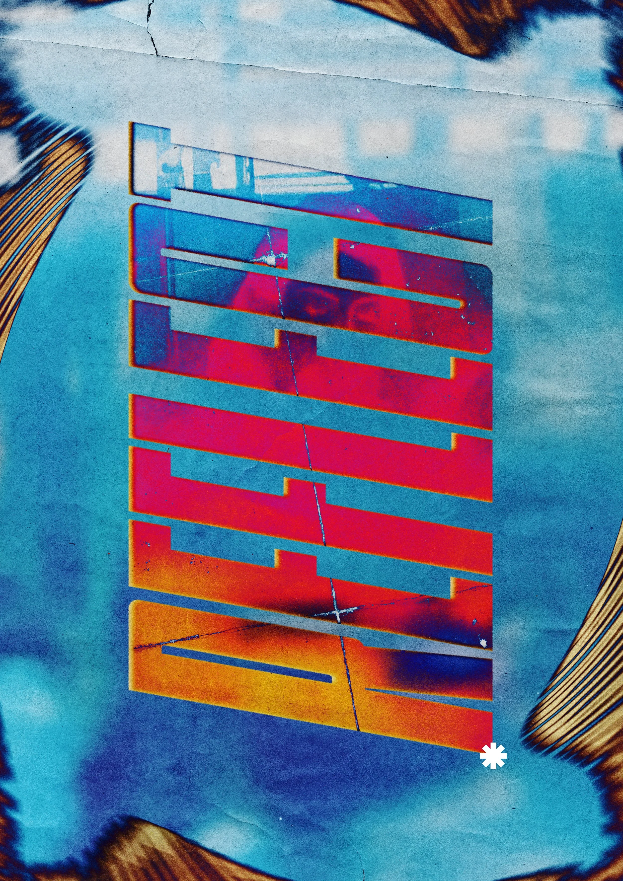 Colorful, abstract design with layered, horizontal rectangular shapes and a textured background.