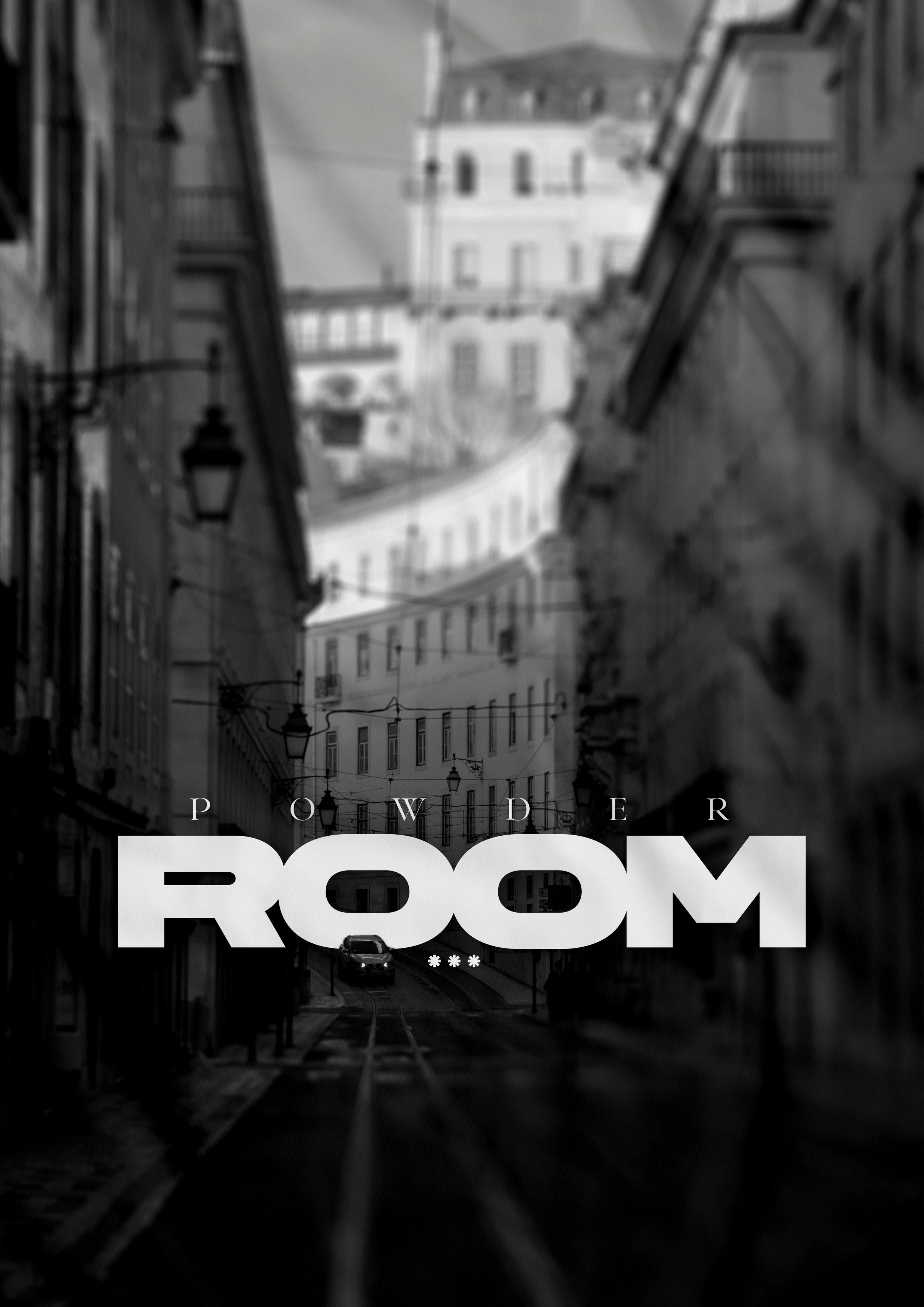 Black and white urban street scene with tram tracks, old buildings, and street lamps, with overlaid text reading "Power" and "Room".