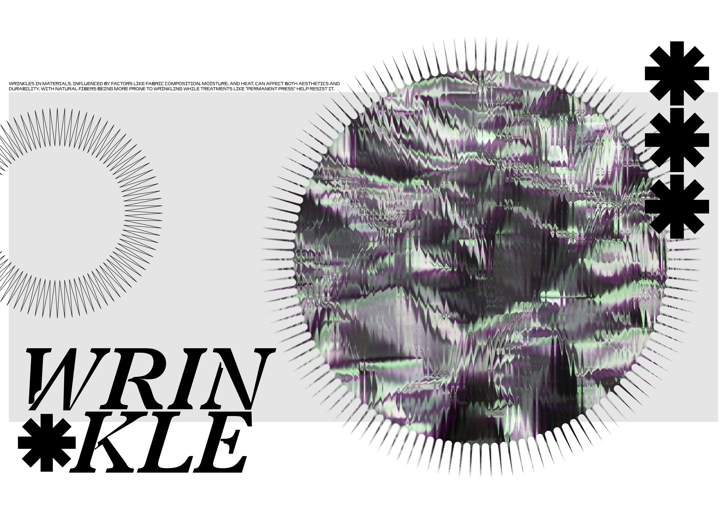 Abstract digital artwork with distorted purple and green circular patterns, black starburst shapes, and text that reads "WRINKLE" and "KLE" in large black font.