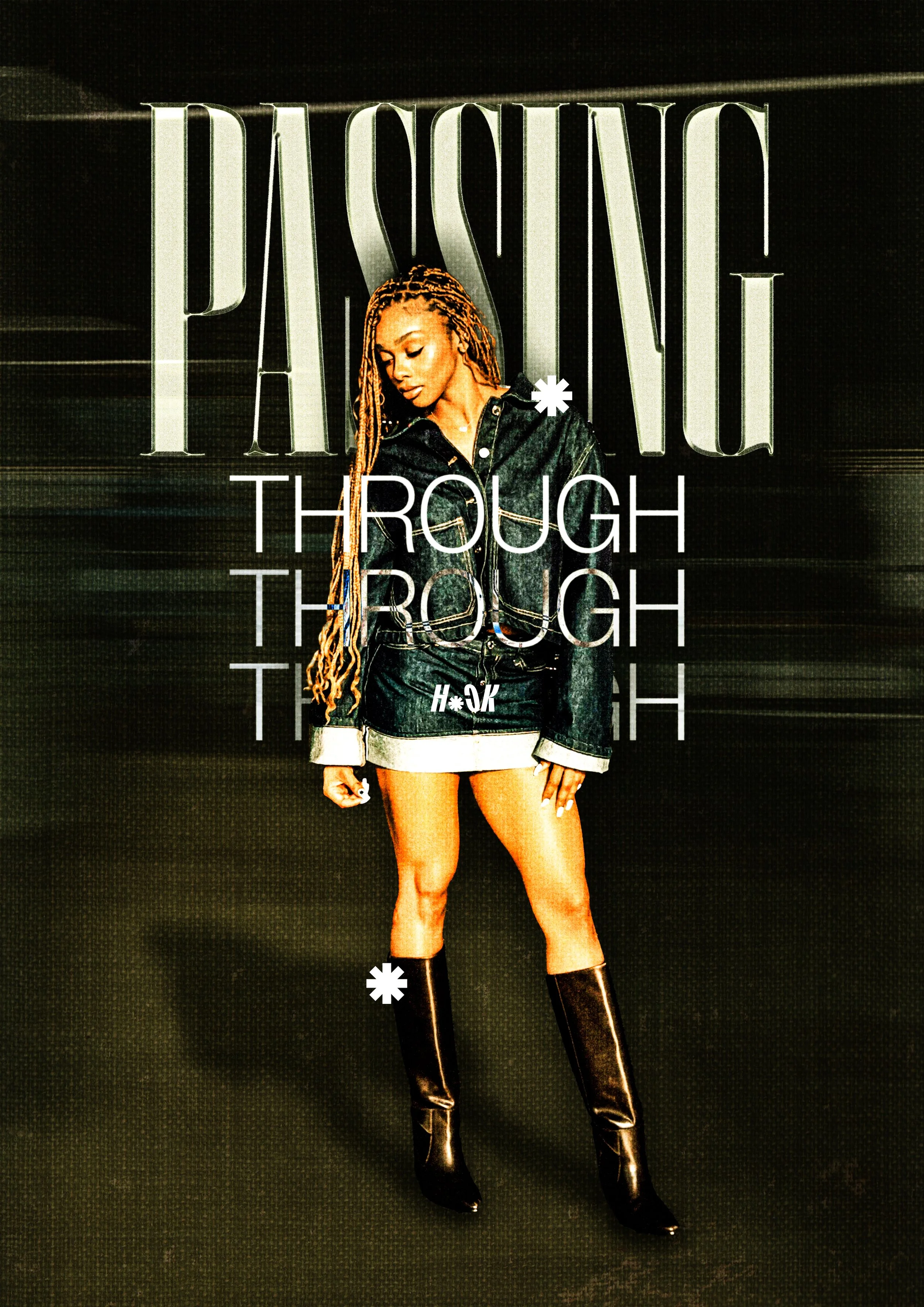 A woman with long dreadlocks wearing a black leather jacket, a black skirt with the word 'H*OK' on it, and tall black boots, standing in front of a black background with the words 'PASSING THROUGH' repeated and large letters spelling 'PASSING' behind