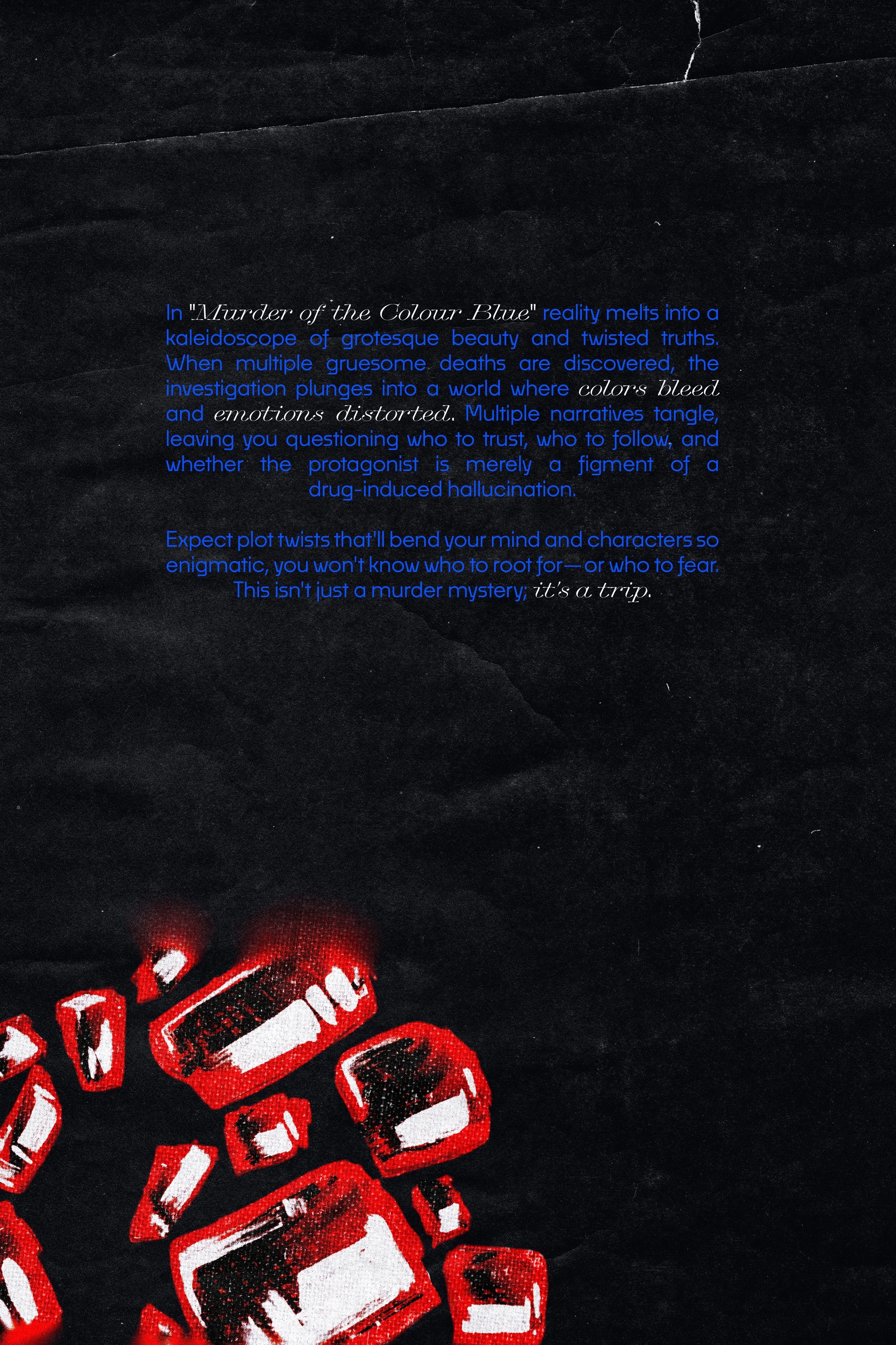 A dark background with red ice cubes in the lower left corner and a block of text in the upper part of the image.