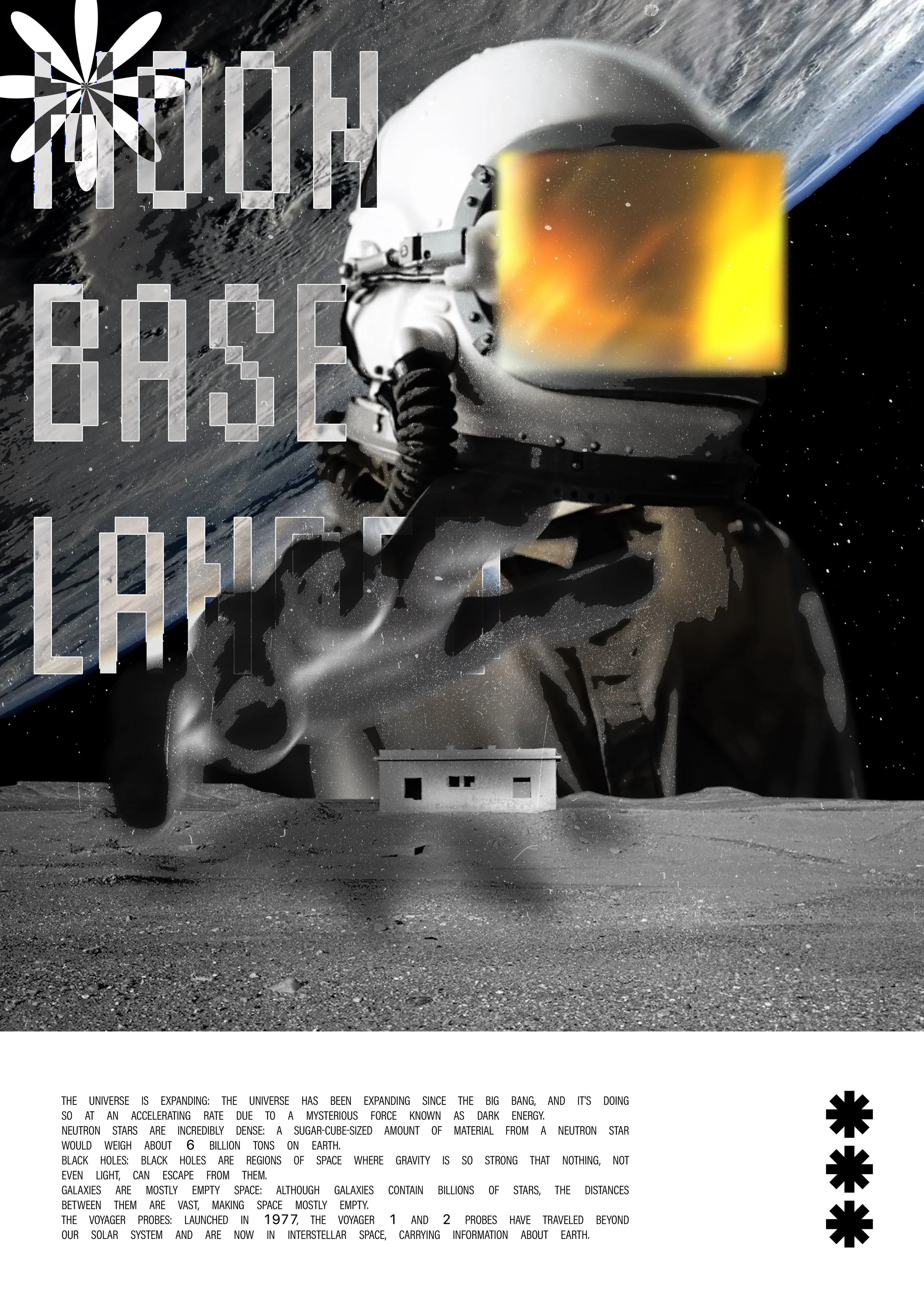 An astronaut in space taking a photo, with the Earth and stars visible in the background. Overlaid text reads 'North Base Launch' and there is a paragraph about space exploration at the bottom.