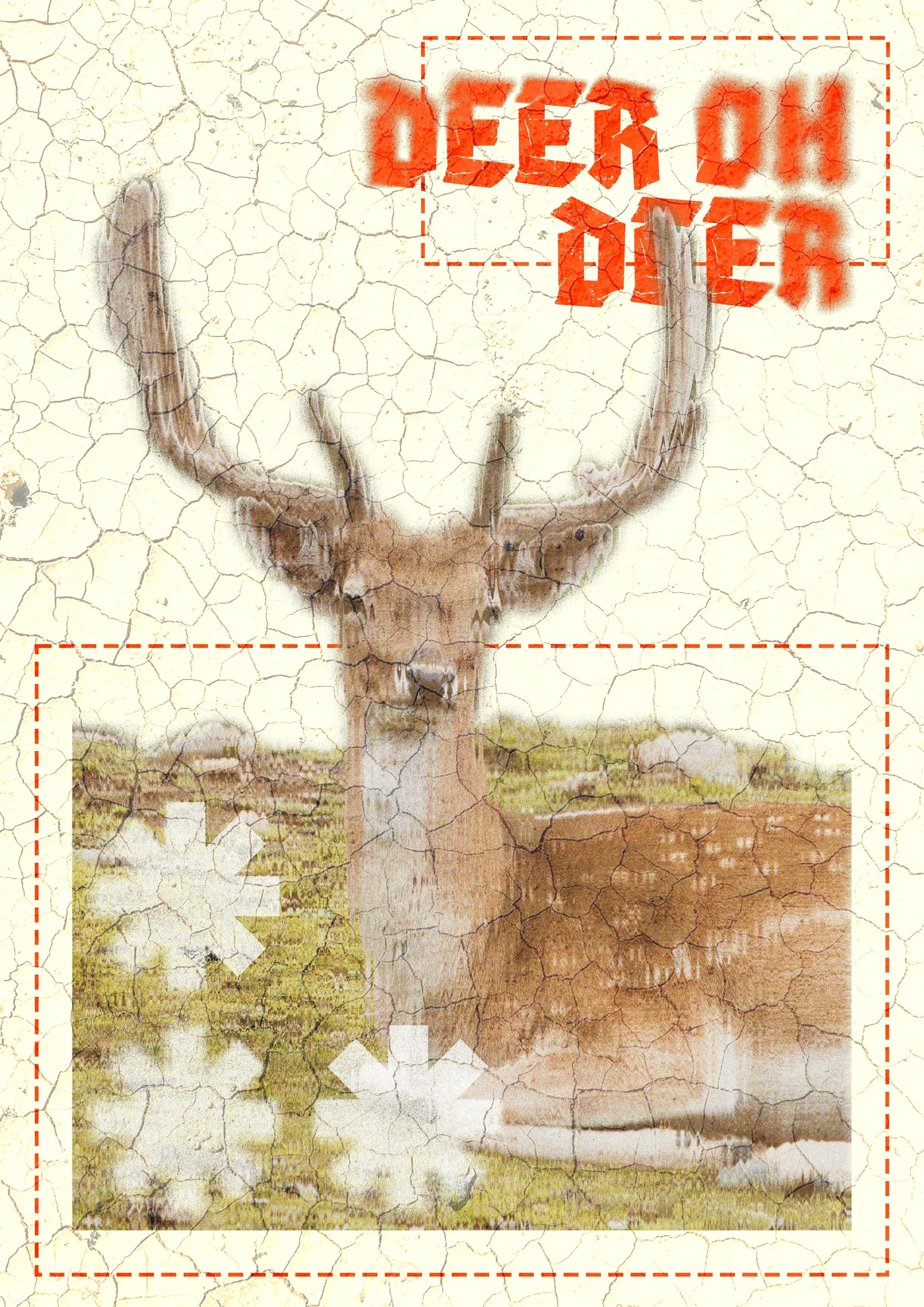 A painting of a deer skull with antlers, set against a landscape background, with the words 'DEER ON DEER' in red text at the top.