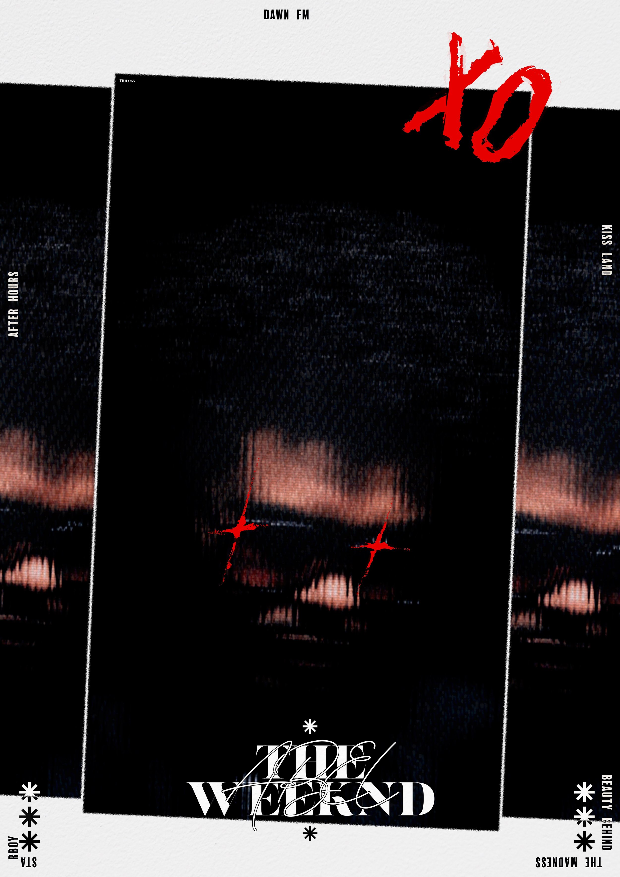 Close-up of a digital face with red crossed eyes, with text overlays including 'Y0', 'The Mound', 'Kiss Land', and others, in a dark, abstract style.