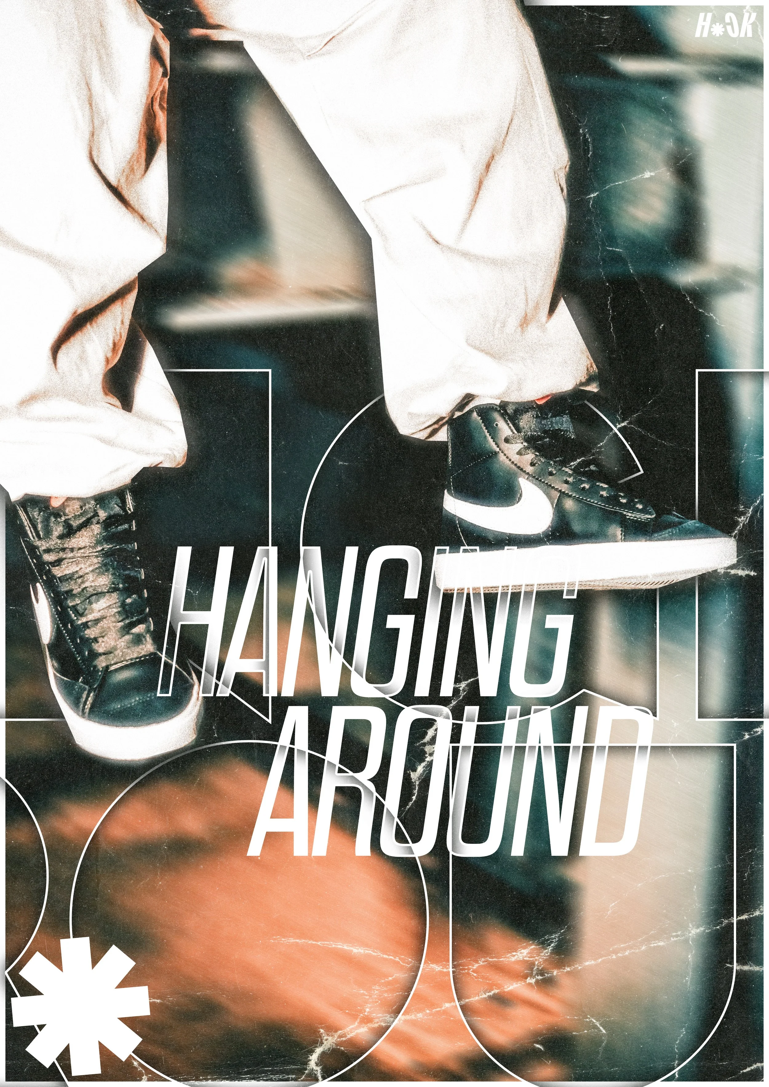 Close-up of a person wearing black Nike sneakers and cap sitting with legs crossed, with bold white text saying "HANGING AROUND" overlaying the image.