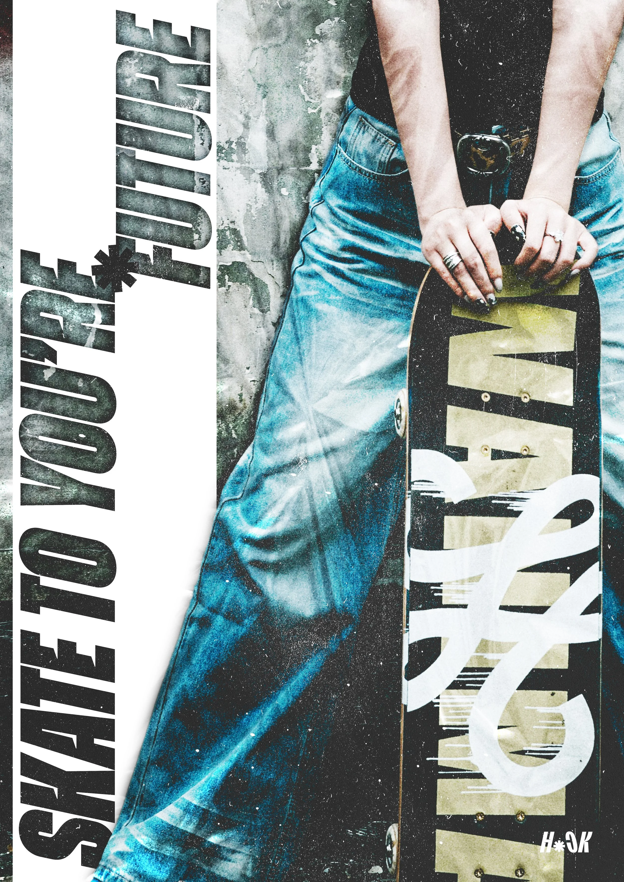 Person holding a skateboard, wearing blue jeans and rings, standing against a textured wall, with the text "SKATE YOUR LIFE!" vertically on the left side.