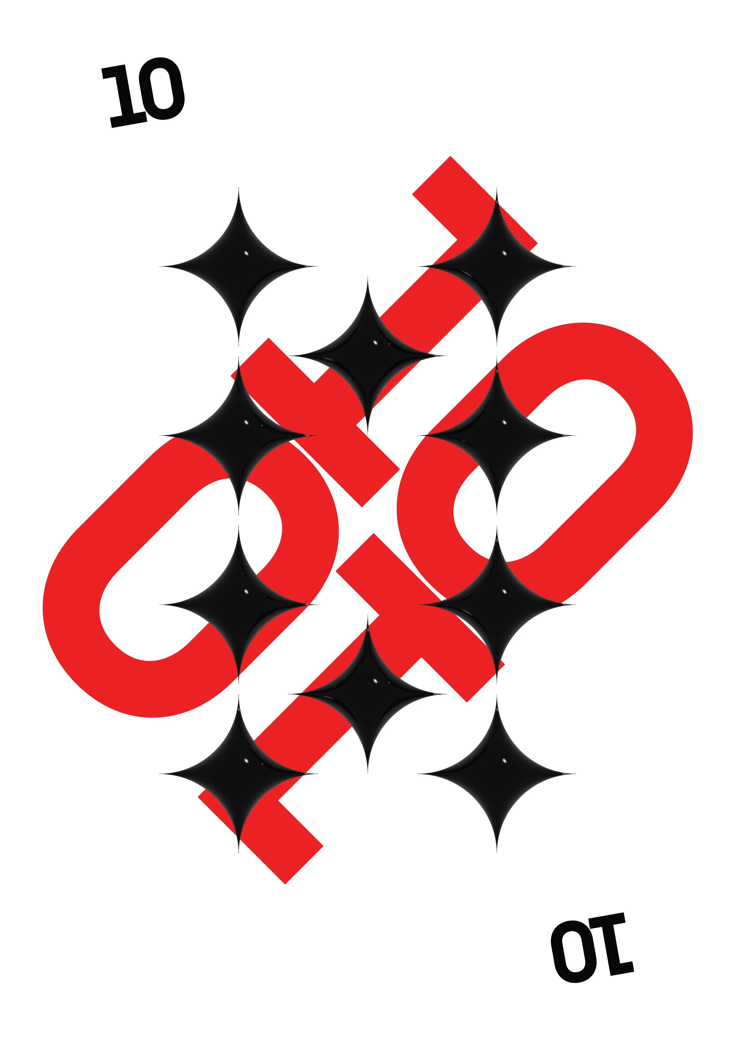 Playing card for the ten of diamonds with black sparkles.