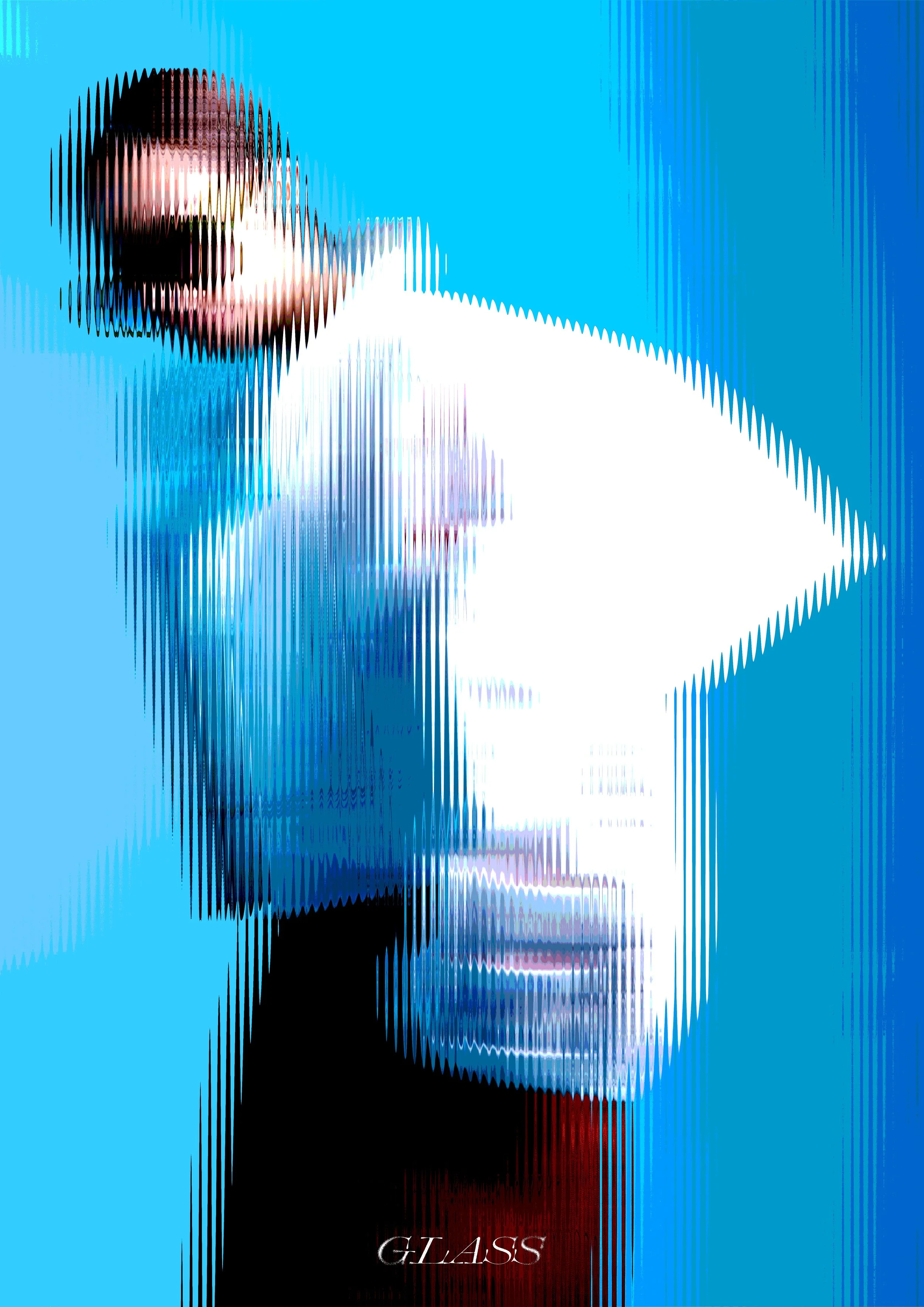 Digital art image of a woman with short dark hair, making a shushing gesture with her finger to her lips, set against a blue background, created with a glitch art style.